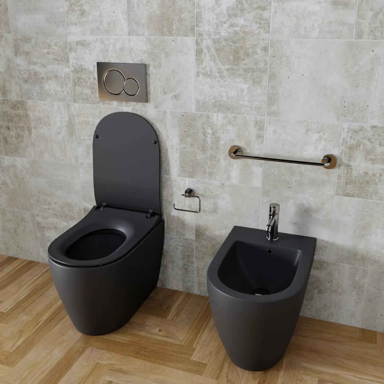 Coppia Sanitari Filomuro Filo Muro Filo Parete Vaso WC E Bidet Design Moderno In Ceramica Con Copriwater Chiusura Soft Close Chiusura Rallentata Colore Nero Opaco