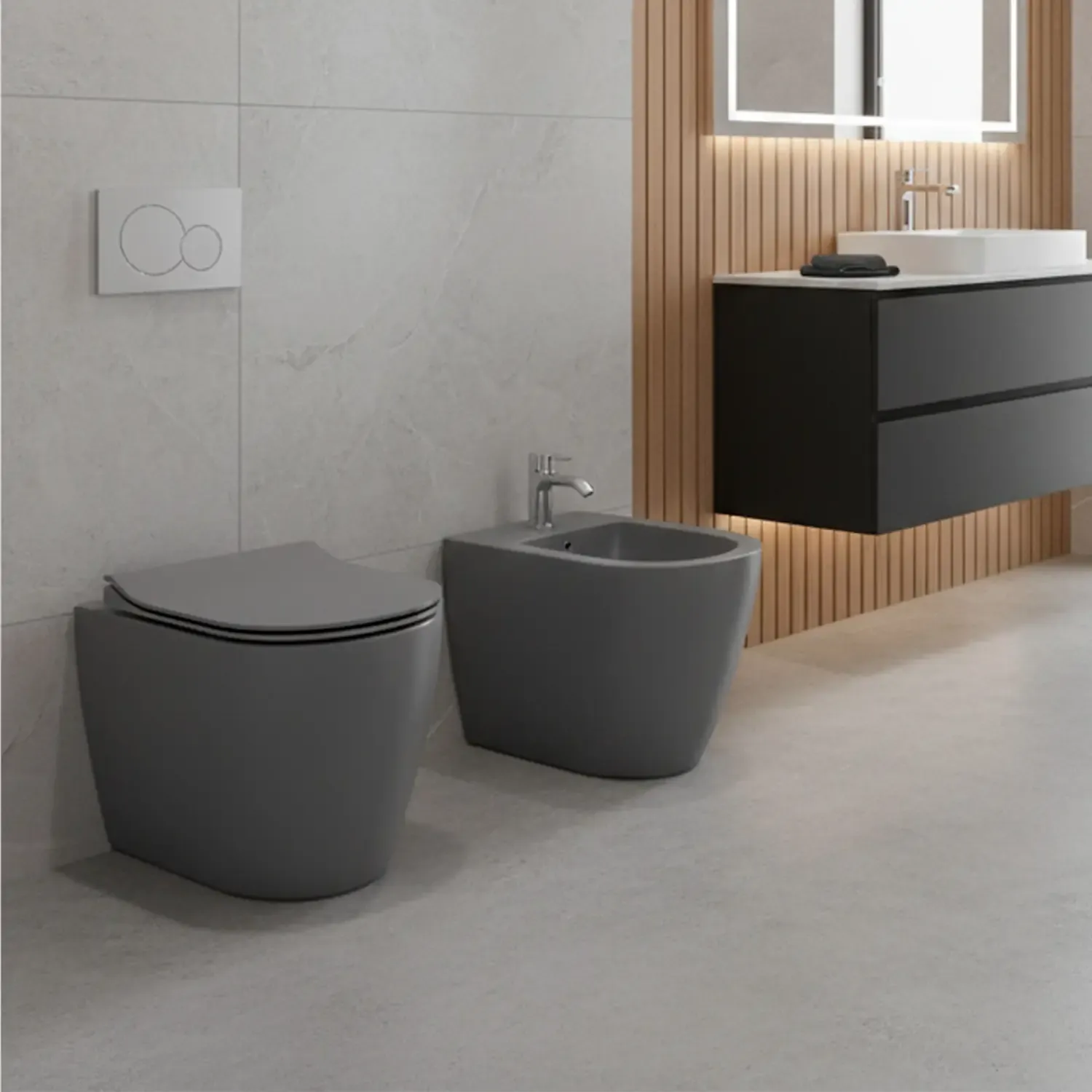 Coppia Sanitari Filomuro Filo Muro Filo Parete Vaso WC Rimless Senza Brida Tornado Flush E Bidet Design Moderno In Ceramica Con Copriwater Chiusura Soft Close Rallentata Grigio Opaco