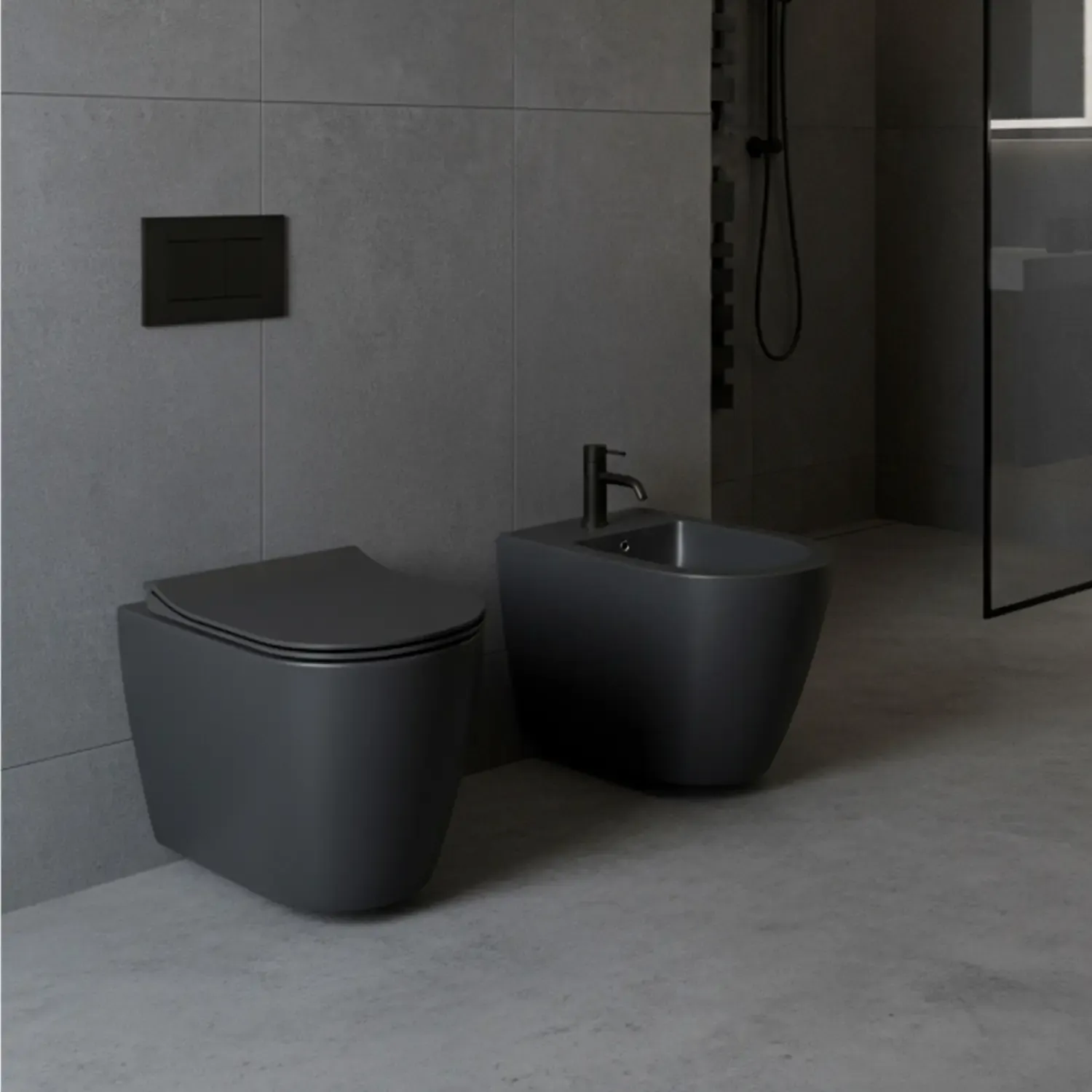 Coppia Sanitari Filomuro Filo Muro Filo Parete Vaso WC Rimless Senza Brida Tornado Flush E Bidet Design Moderno In Ceramica Con Copriwater Chiusura Soft Close Rallentata Nero Opaco