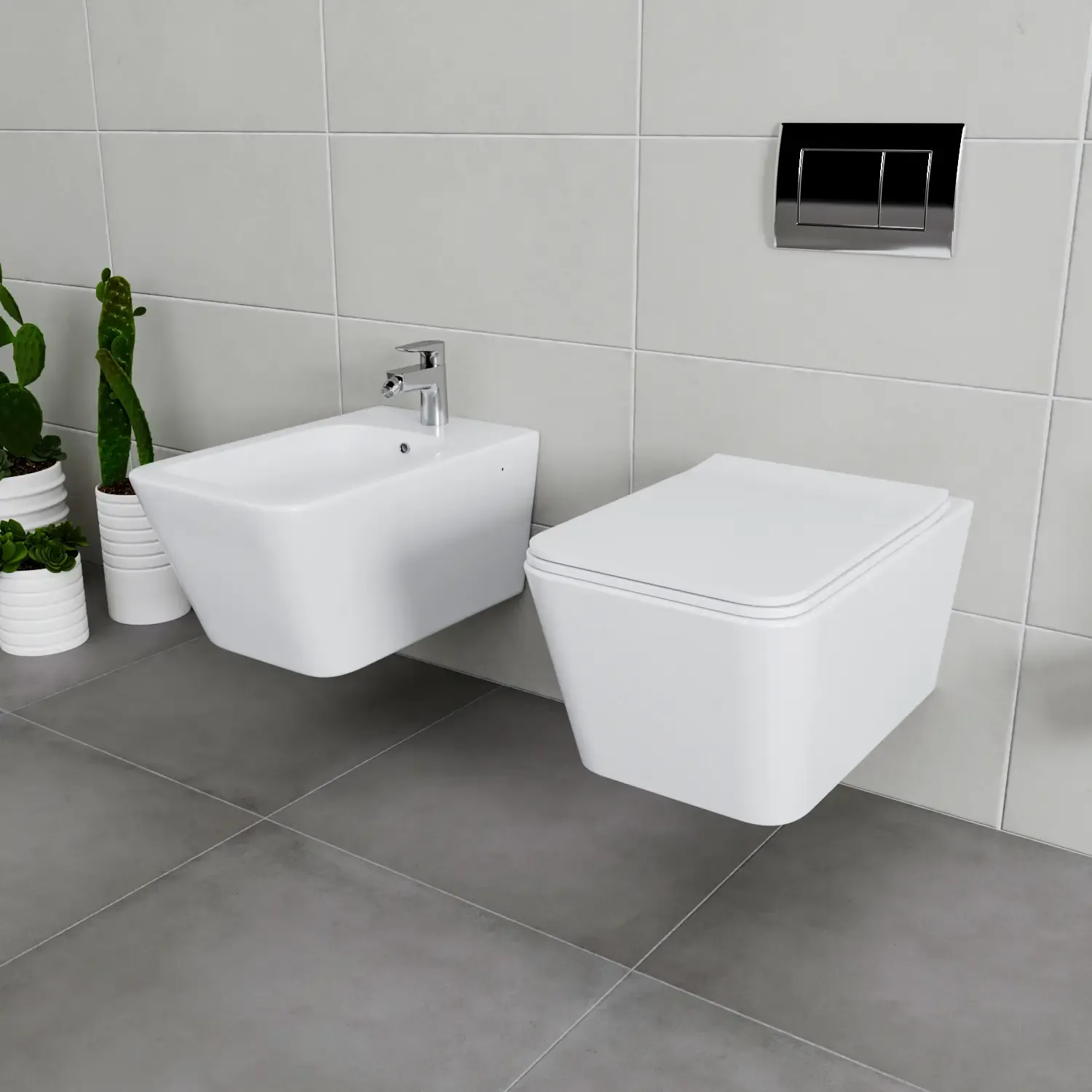 Coppia Sanitari Sospesi Vaso WC E Bidet Sospeso Design Moderno Quadrato In Ceramica Con Copriwater Chiusura Soft Close Chiusura Rallentata Colore Bianco Lucido