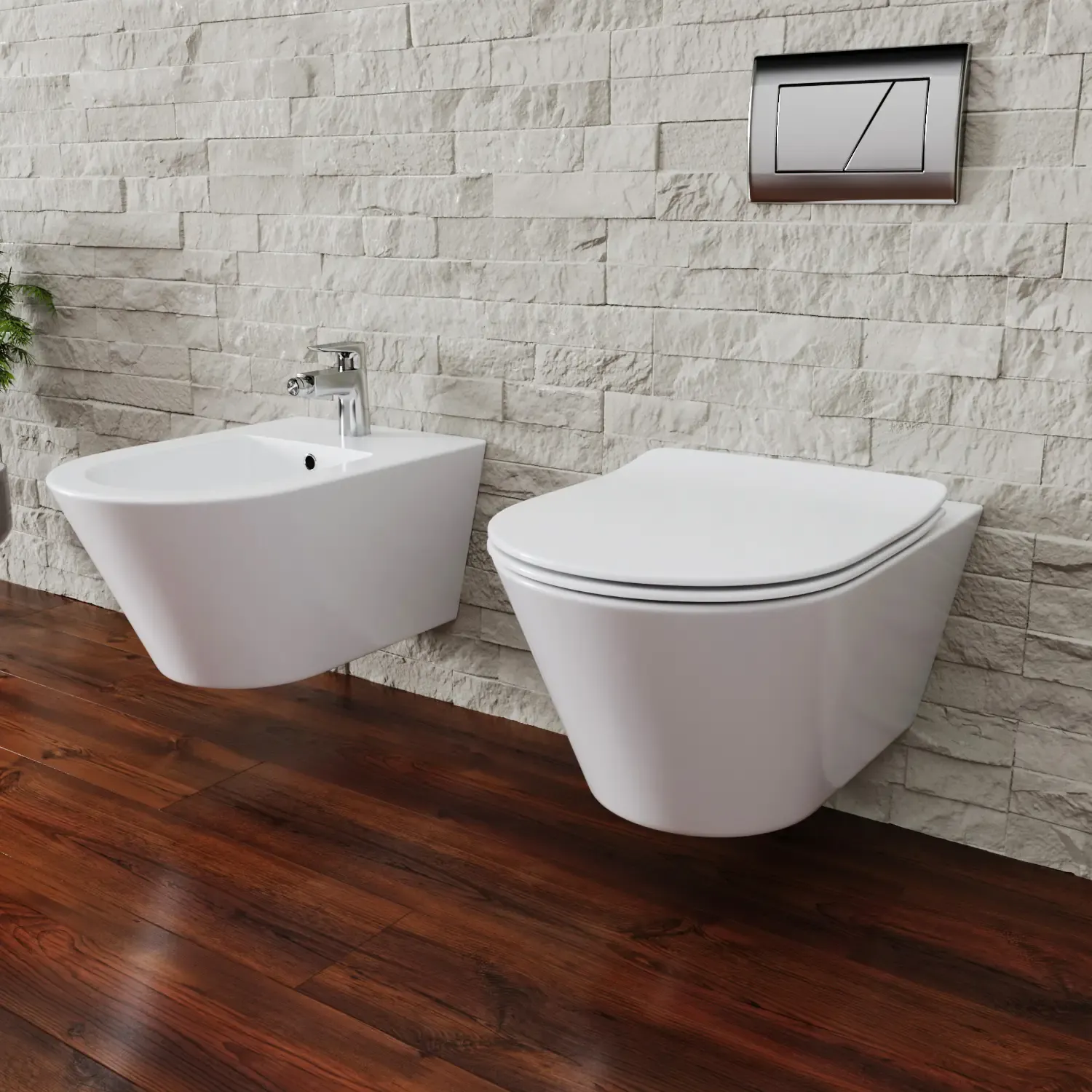 Coppia Sanitari Sospesi Vaso WC E Bidet Sospeso Design Moderno Tondo In Ceramica Con Copriwater Chiusura Soft Close Chiusura Rallentata Colore Bianco Lucido