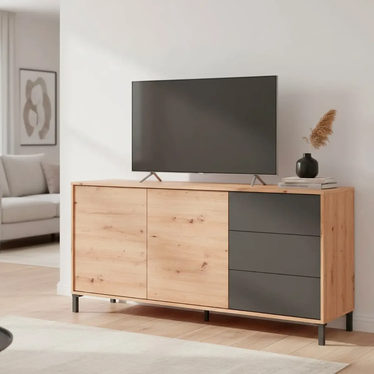 Credenza Industriale Moderna Con 2 Ante E 3 Cassetti Madia Mobile Contenitore Salvaspazio Soggiorno Ingresso Sala Da Pranzo Salotto Gambe Rialzate Design 74 x 154 x 41 Cm-Rovere e Grigio antracite