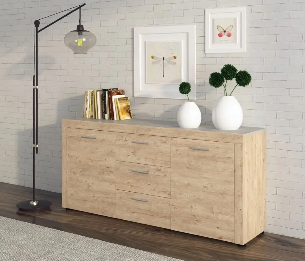 Credenza Madia Con 3 Cassetti E 2 Ante Laterali Mobile Contenitore Per Sala Da Pranzo Design Moderno Effetto Legno Naturale Stile Elegante Soggiorno Corridoio 167 x 77 x 41 cm Rovere