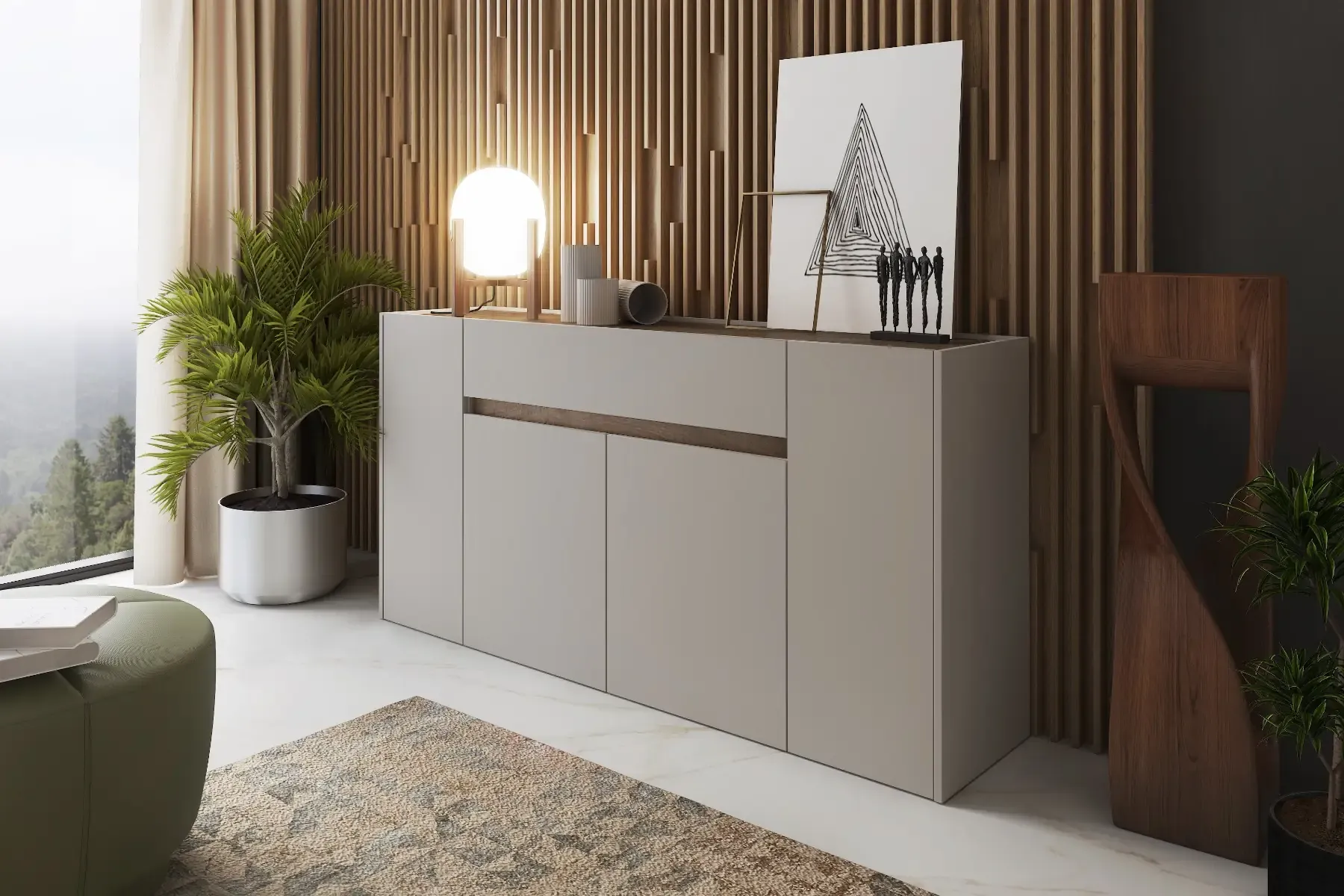 Credenza Moderna Madia In Melaminico Con 4 Ante E 1 Cassetto Mobile Contenitore Sala da Pranzo Soggiorno Design Senza Maniglie Elegante Capiente 170 x 85 x 40 cm Noce Chiaro