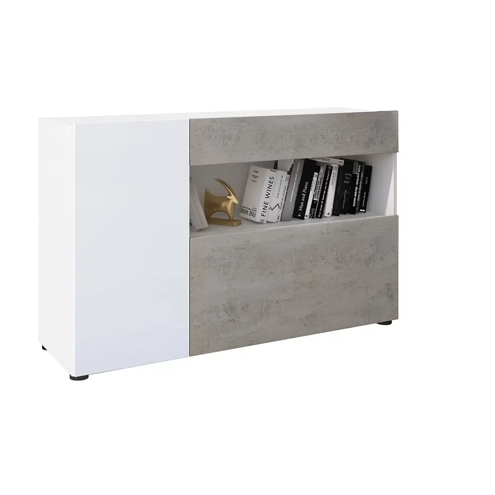 Credenza Moderna Madia Mobile Contenitore In Melaminico Con 2 Ante 1 Cassetto E Ripiani Interni Design Minimal Senza Maniglie Soggiorno Salotto Ingresso 130 x 81 x 41 Cm Bianco E Grigio Cemento