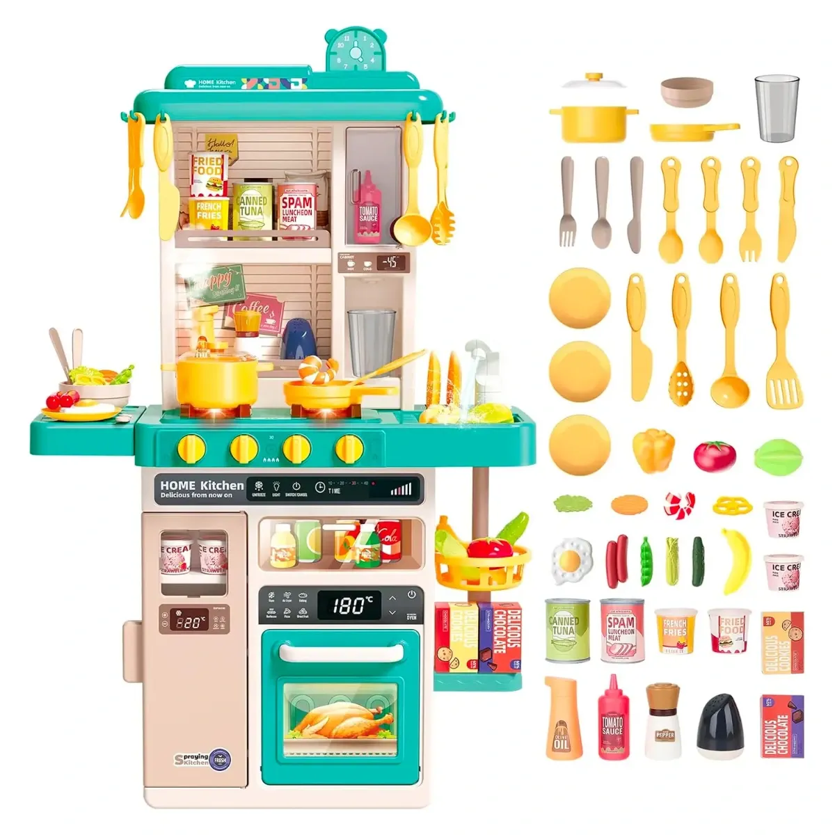 Cucina Giocattolo Bambini Con Luci E Suoni Realistici Rubinetto Con Riciclo Acqua Forno E Fornelli Apribili 50 Accessori Inclusi Gioco Educativo Per Bambini Dai 3–8 Anni-Verde