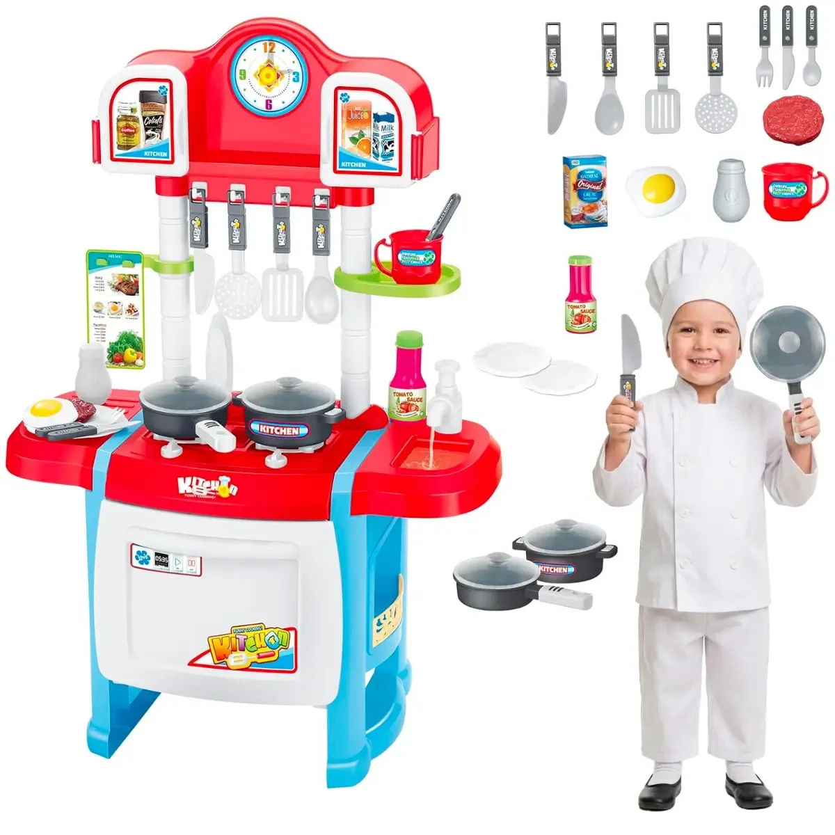 Cucina Giocattolo Per Bambini Con Luci E Suoni Realistici 18 Accessori Rubinetto Con Sistema Di Riciclo Dell'Acqua E Forno Apribile Set Cucina Educativo Per Bambini Dai 3–8 Anni-Blu e Bianco