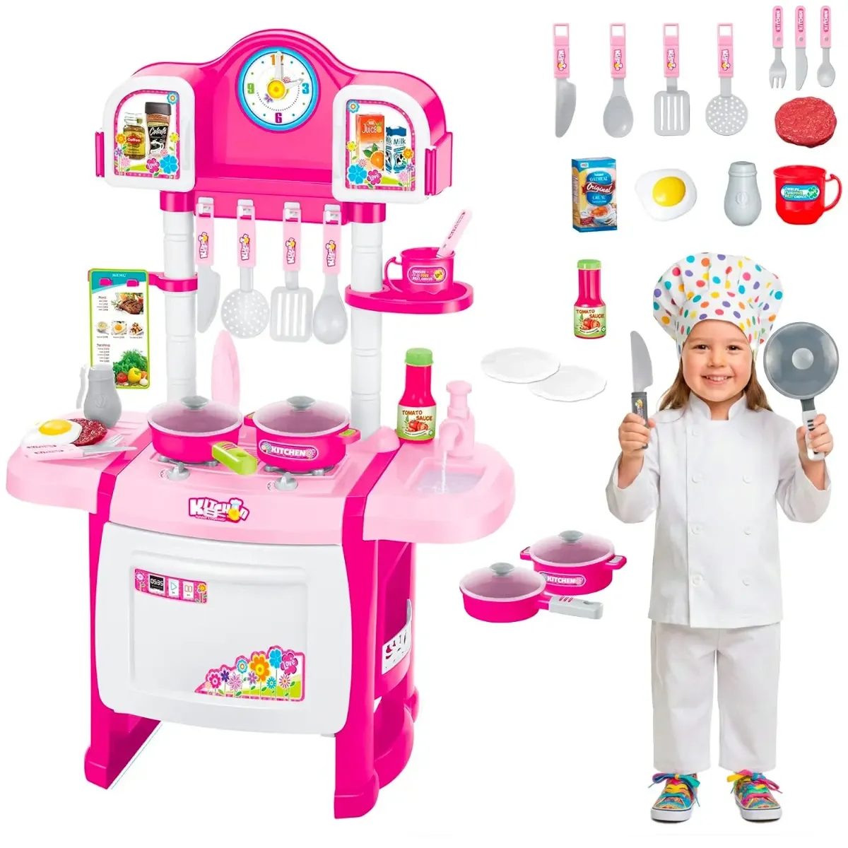 Cucina Giocattolo Per Bambini Con Luci E Suoni Realistici 18 Accessori Rubinetto Con Sistema Di Riciclo Dell'Acqua E Forno Apribile Set Cucina Educativo Per Bambini Dai 3–8 Anni-Rosa e bianco