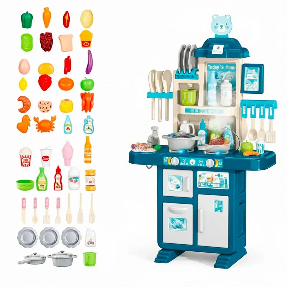 Cucina Giocattolo Per Bambini Con Luci E Suoni Realistici 69 Accessori Rubinetto Con Sistema Di Riciclo Dell'Acqua E Fornelli Per Bambini Dai 3-5 Anni Set Cucina-Blu e Bianco
