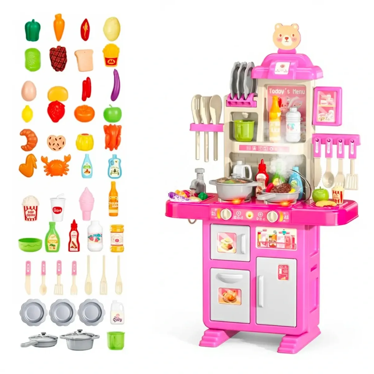 Cucina Giocattolo Per Bambini Con Luci E Suoni Realistici 69 Accessori Rubinetto Con Sistema Di Riciclo Dell'Acqua E Fornelli Per Bambini Dai 3-5 Anni Set Cucina-Rosa e bianco