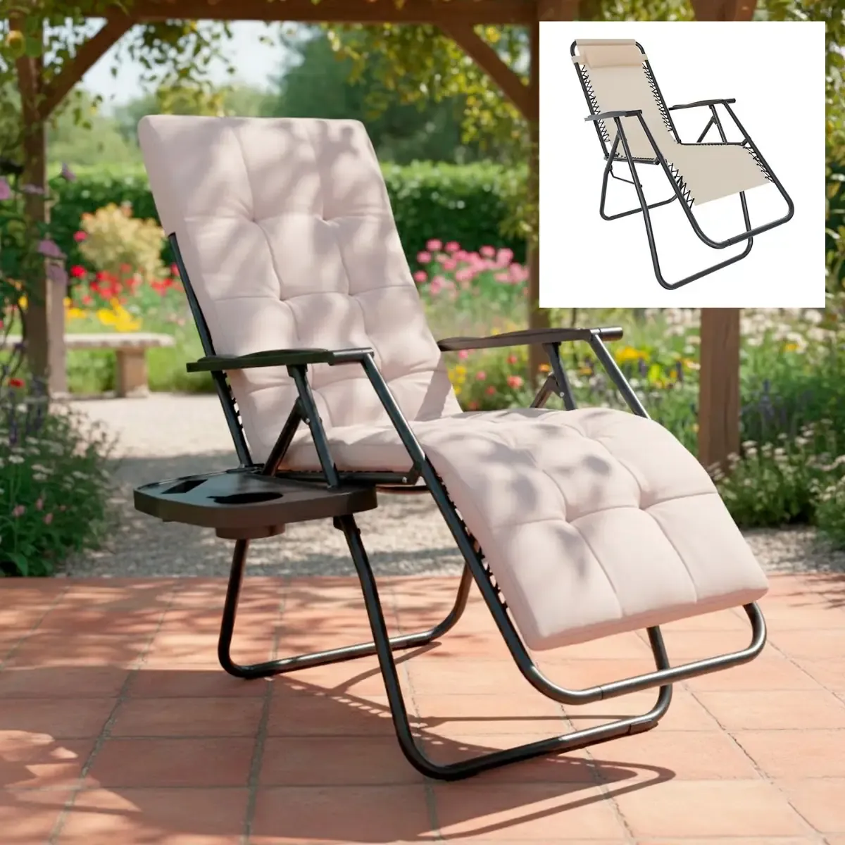 Poltrona Sedia Sdraio Relax Reclinabile Gravità 0 Con Cuscino Trapuntato Imbottito Design Ergonomico Richiudibile Salvaspazio In Acciaio Tubolare Doppio Spessore Portata Max 120 Kg (Beige)
