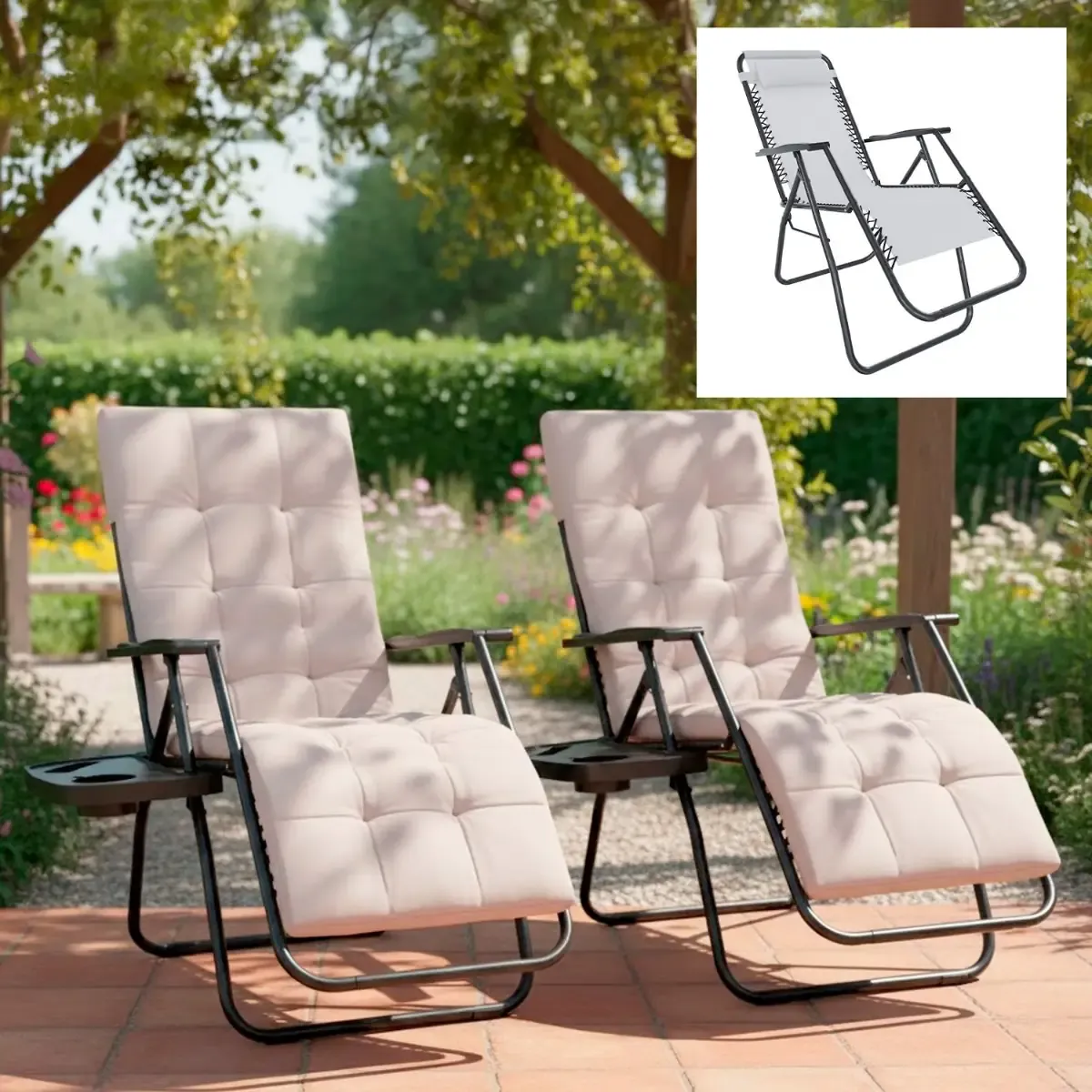 Set Di 2 Poltrone Sedie Sdraio Relax Reclinabili Gravità 0 Con Cuscino Trapuntato Imbottito Design Ergonomico Richiudibile Salvaspazio In Acciaio Tubolare Doppio Spessore Portata Max 120 Kg (Bianco)