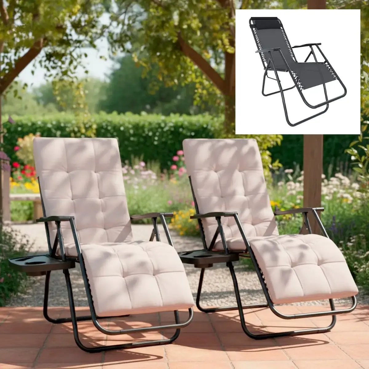 Set Di 2 Poltrone Sedie Sdraio Relax Reclinabili Gravità 0 Con Cuscino Trapuntato Imbottito Design Ergonomico Richiudibile Salvaspazio In Acciaio Tubolare Portata Max 120 Kg (Grigio Scuro)