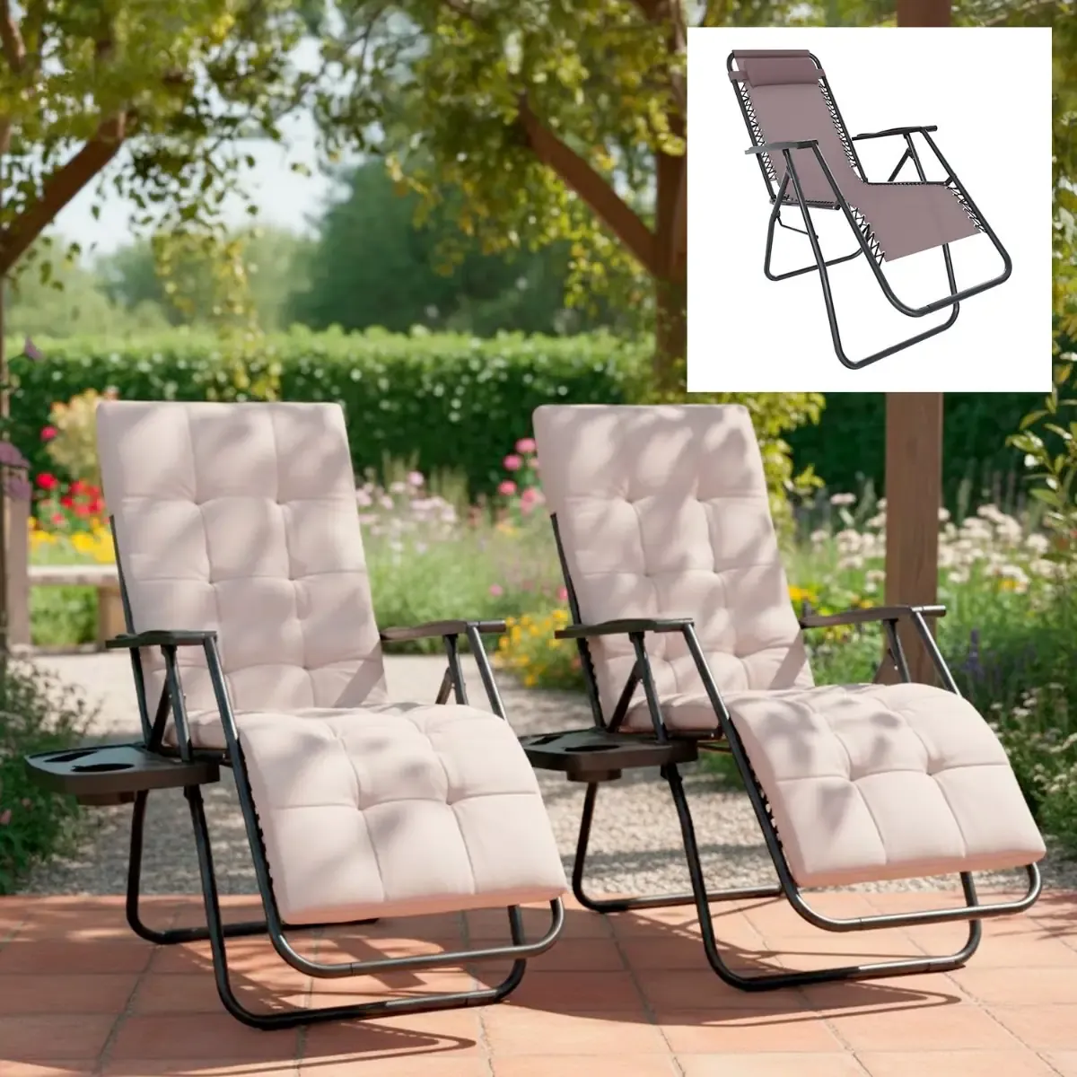 Set Di 2 Poltrone Sedie Sdraio Relax Reclinabili Gravità 0 Con Cuscino Trapuntato Imbottito Design Ergonomico Richiudibile Salvaspazio In Acciaio Tubolare Doppio Spessore Portata Max 120 Kg (Tortora)