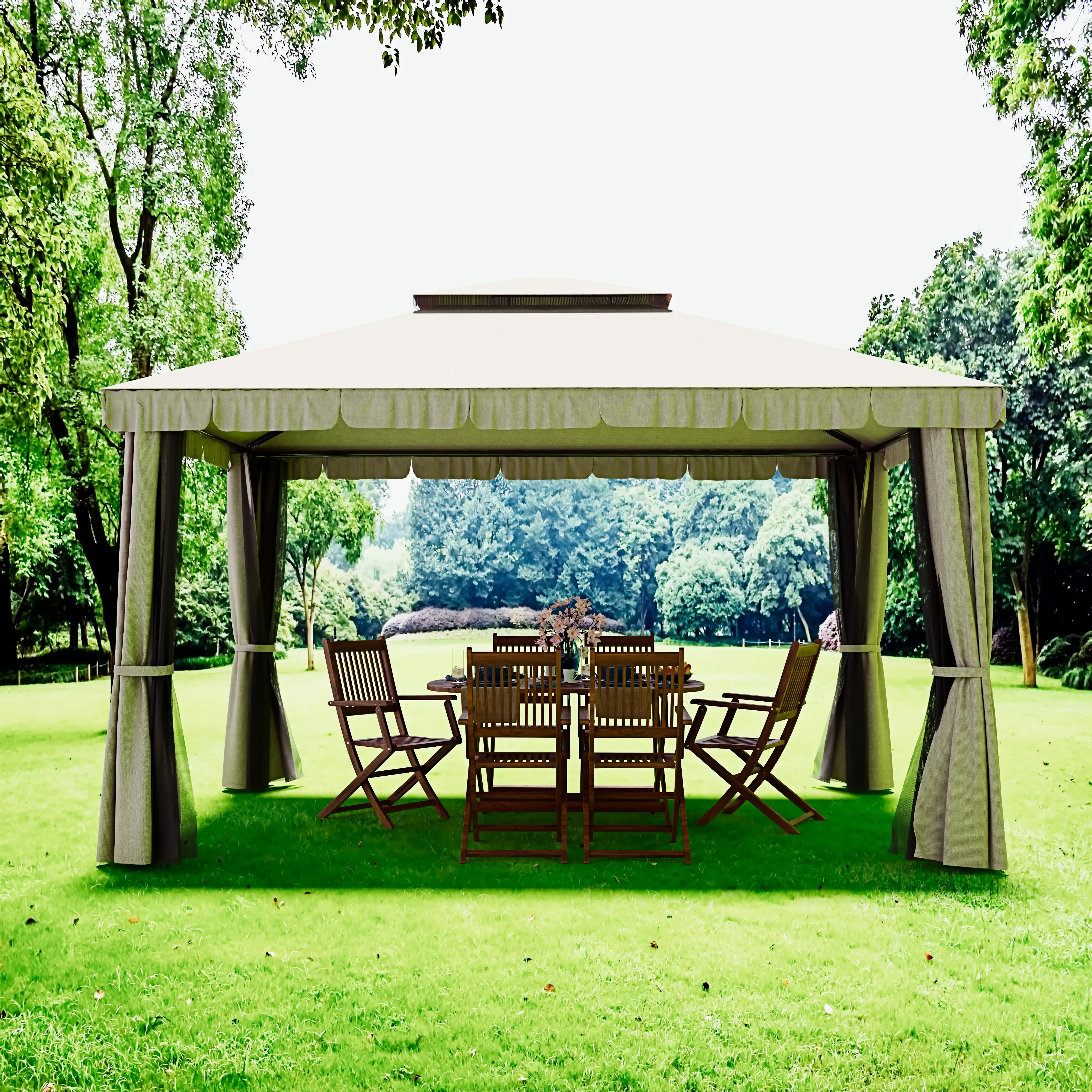 Gazebo Da Giardino 3 x 4 M In Acciaio Robusto Copertura Impermeabile 180 g/m² Con 4 Teli Laterali E Zanzariere Per Esterno Giardino Piscina Fiere Campeggio Ombreggiante Privacy Colore Beige