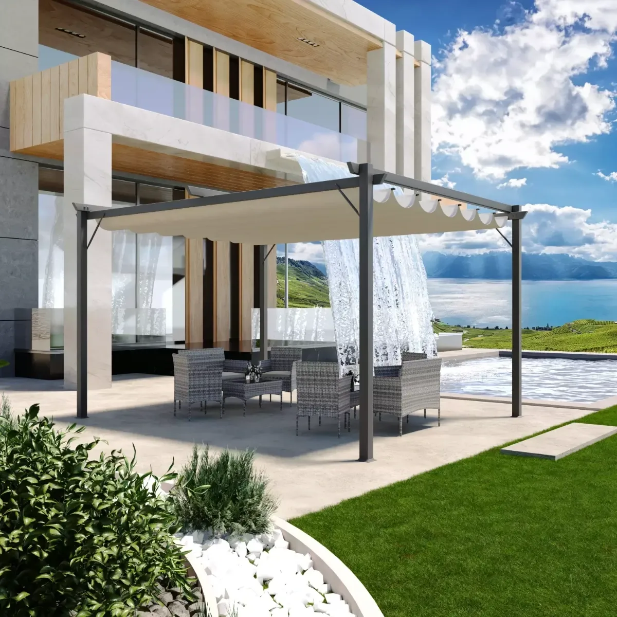 Gazebo Pergola 3 x 3 M Pergolato Con Telo Impermeabile Retrattile Richiudibile Struttura In Acciaio Per Giardino Terrazzo Piscina Esterno Fiere Campeggio Design Elegante Moderno Ninove Colore Beige