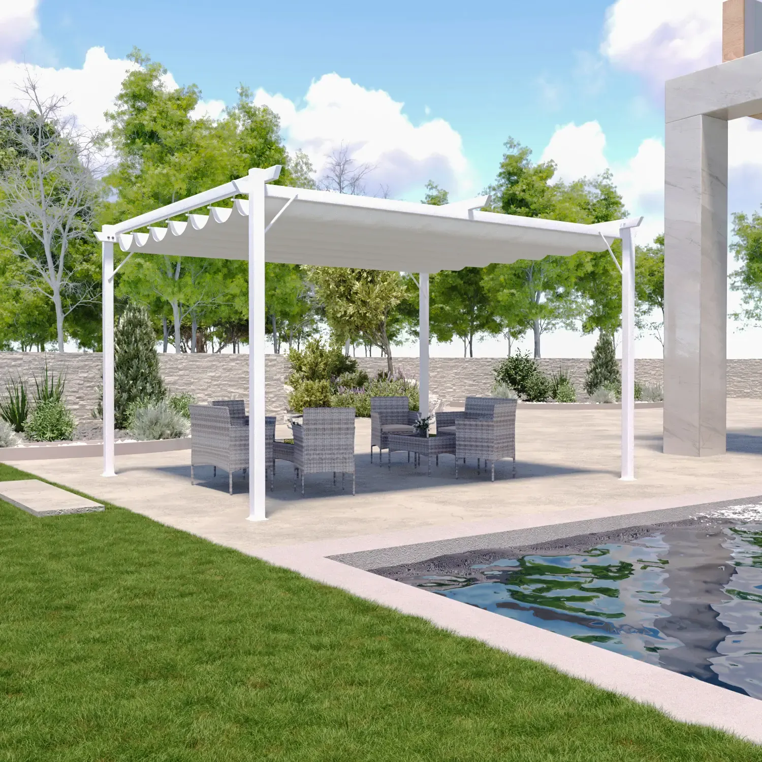 Gazebo Pergola 3 x 3 M Pergolato Con Telo Impermeabile Retrattile Richiudibile Struttura In Acciaio Per Giardino Terrazzo Piscina Esterno Fiere Campeggio Design Elegante Moderno Ninove Colore Bianco