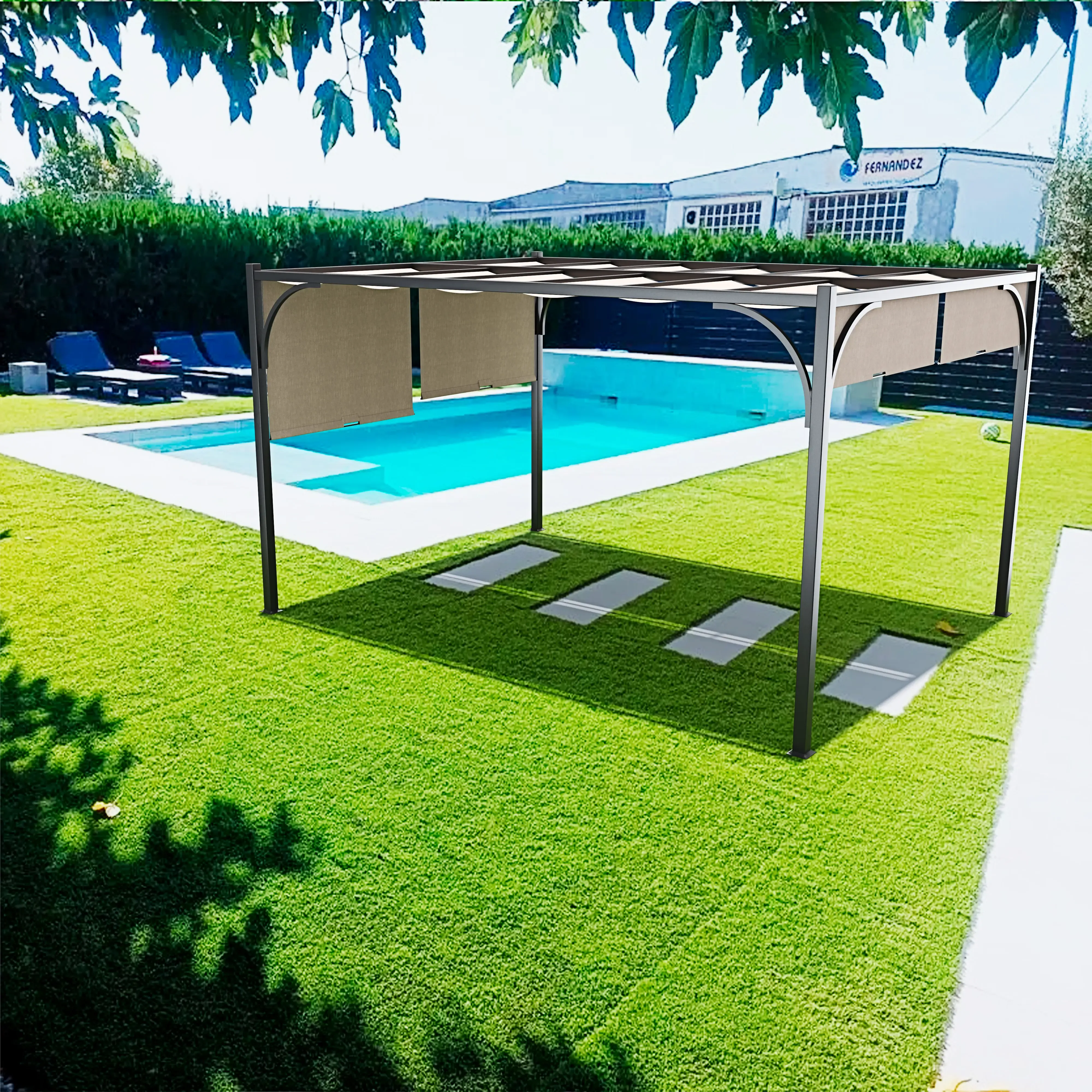 Gazebo Pergola 3 x 3 M Pergolato Con Tetto Scorrevole Telo Impermeabile Retrattile Richiudibile Struttura Bianca In Acciaio Giardino Terrazzo Piscina Esterno Fiere Campeggio Design Elegante Moderno Beige