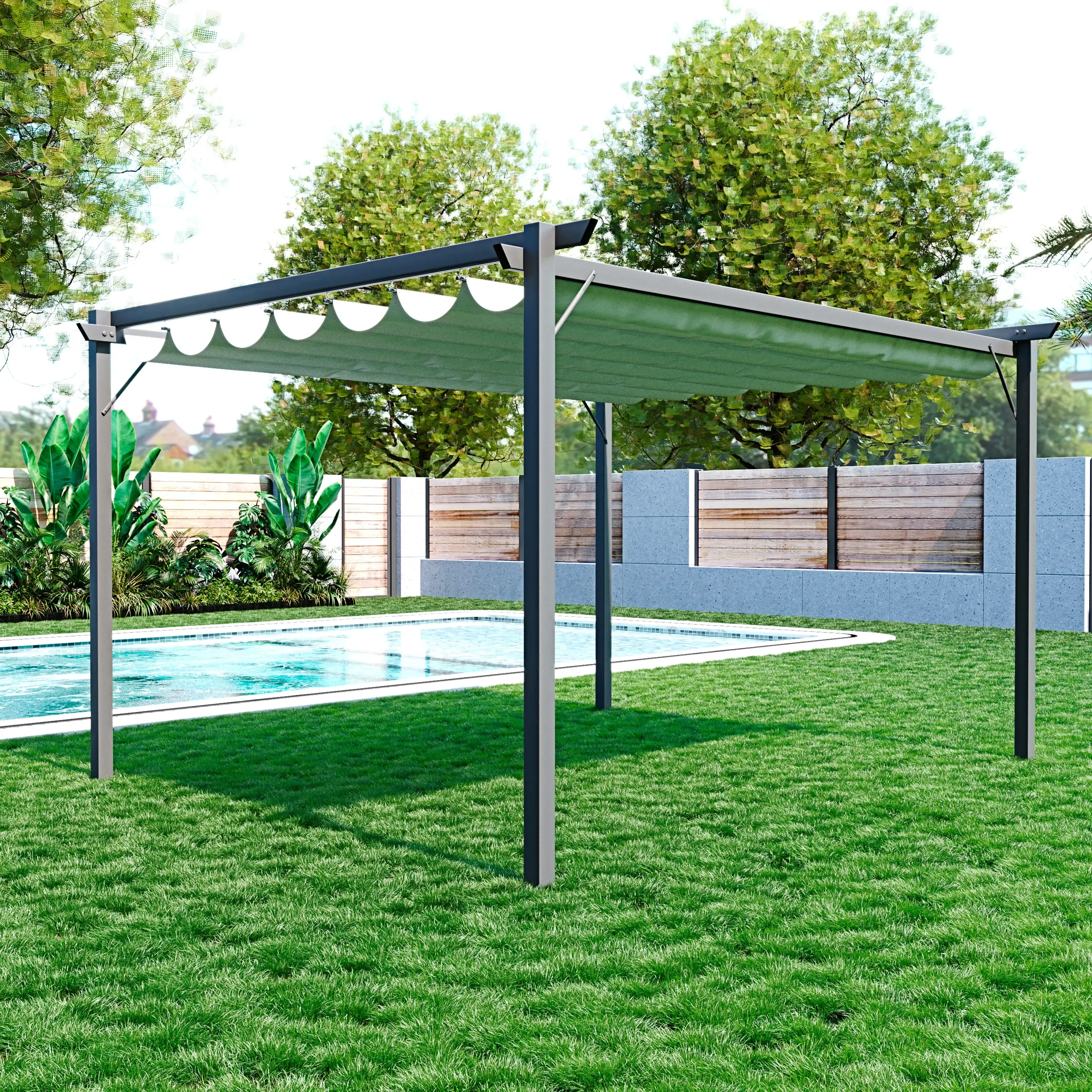 Gazebo Pergola 3 x 4 M Pergolato Con Telo Impermeabile Retrattile Richiudibile Struttura In Acciaio Per Giardino Terrazzo Piscina Esterno Fiere Campeggio Design Elegante Moderno Ninove Colore Beige