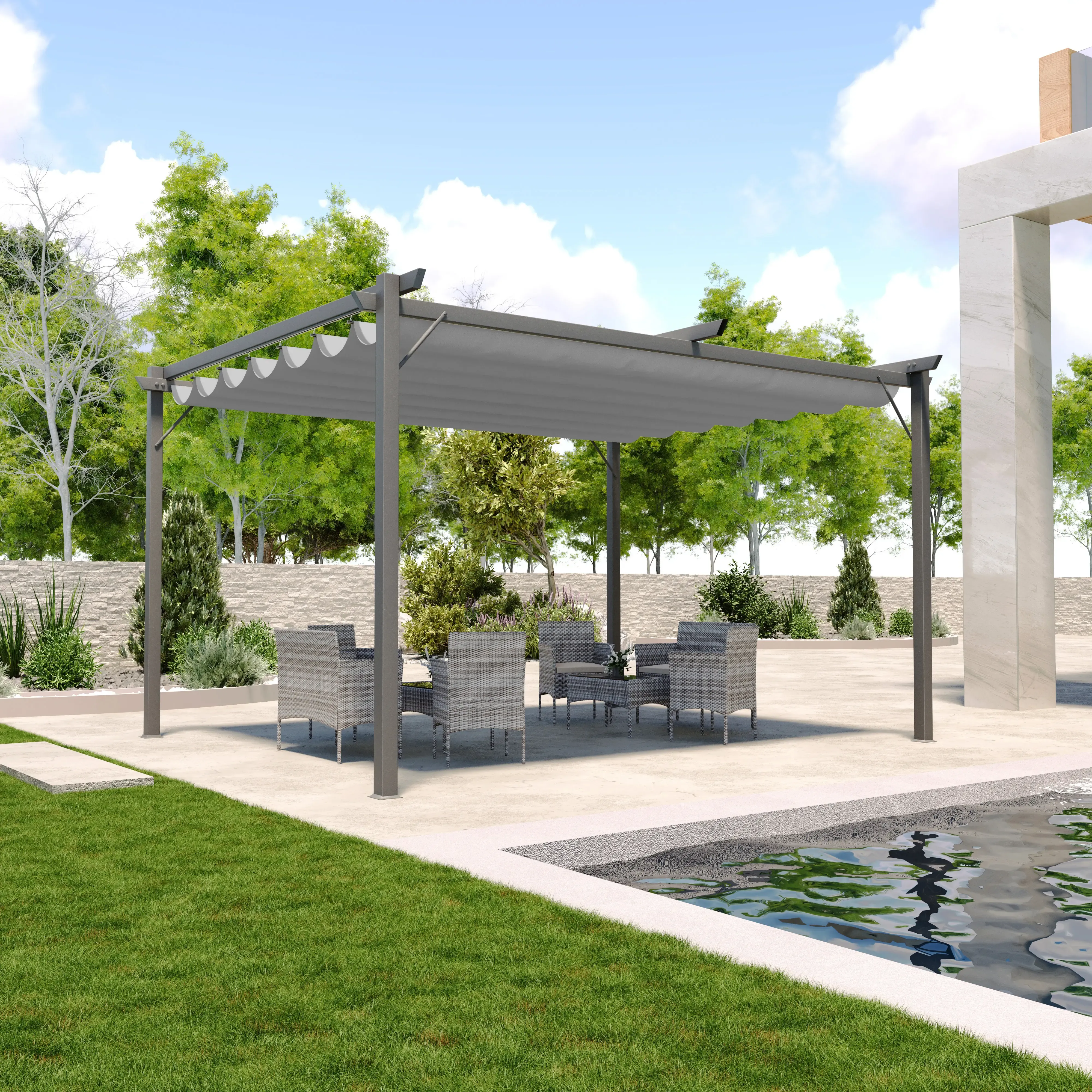 Gazebo Pergola 3 x 4 M Pergolato Con Telo Impermeabile Retrattile Richiudibile Struttura In Acciaio Per Giardino Terrazzo Piscina Esterno Fiere Campeggio Design Elegante Moderno Ninove Colore Grigio
