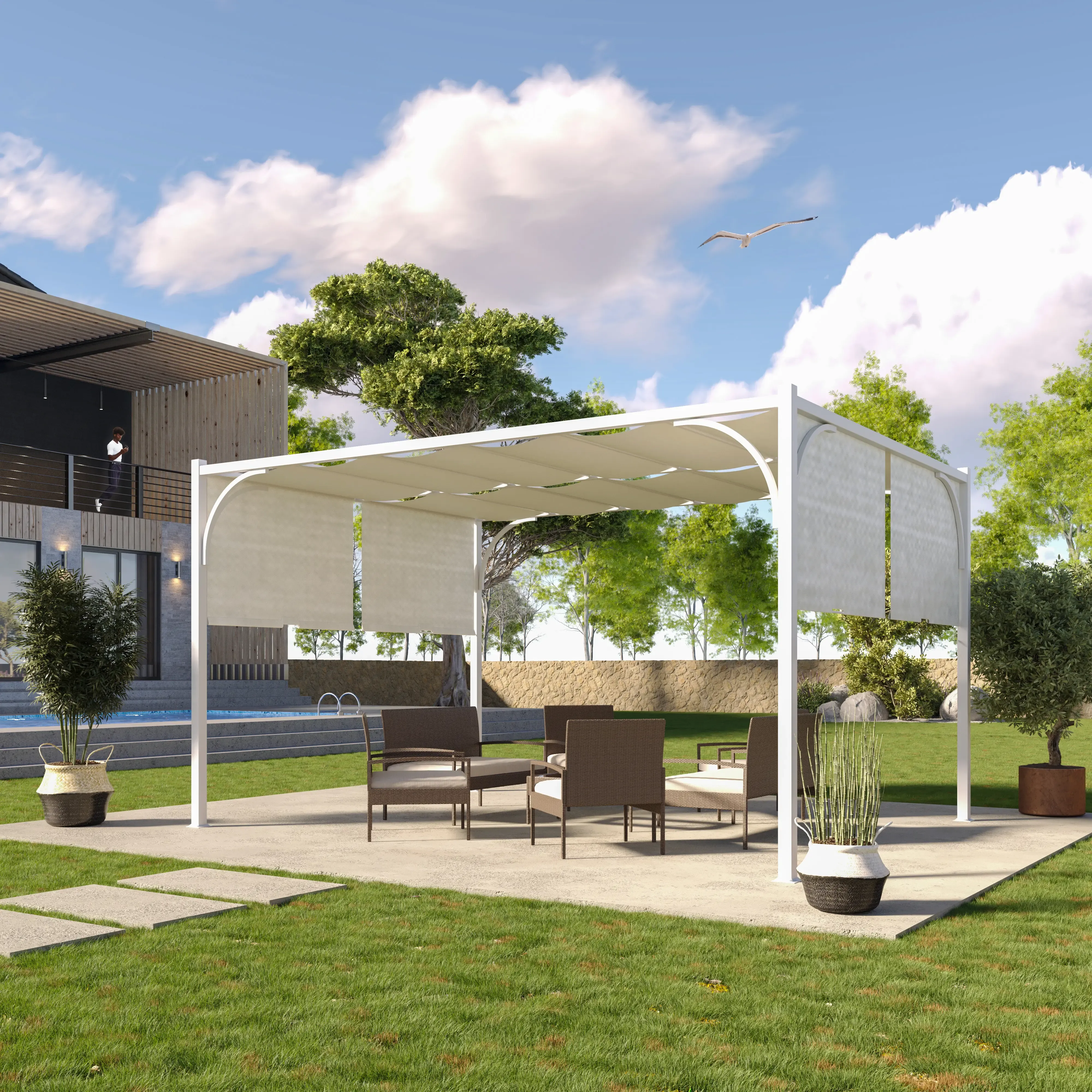 Gazebo Pergola 3x4 M Pergolato Tetto Scorrevole Telo Colore Bianco Impermeabile Retrattile Richiudibile Struttura Bianca Acciaio Giardino Terrazzo Piscina Esterno Campeggio Design Elegante Moderno