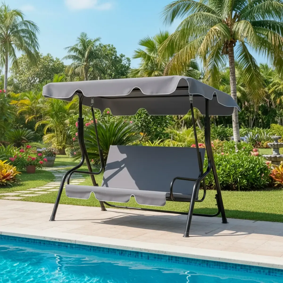 Dondolo 3 Posti Alentejo Con Tettuccio Parasole Regolabile Cuscini Imbottiti Struttura Robusta In Acciaio Verniciato Da Giardino Esterno Balcone Terrazzo 170 x 110 x 153 cm (Grigio)