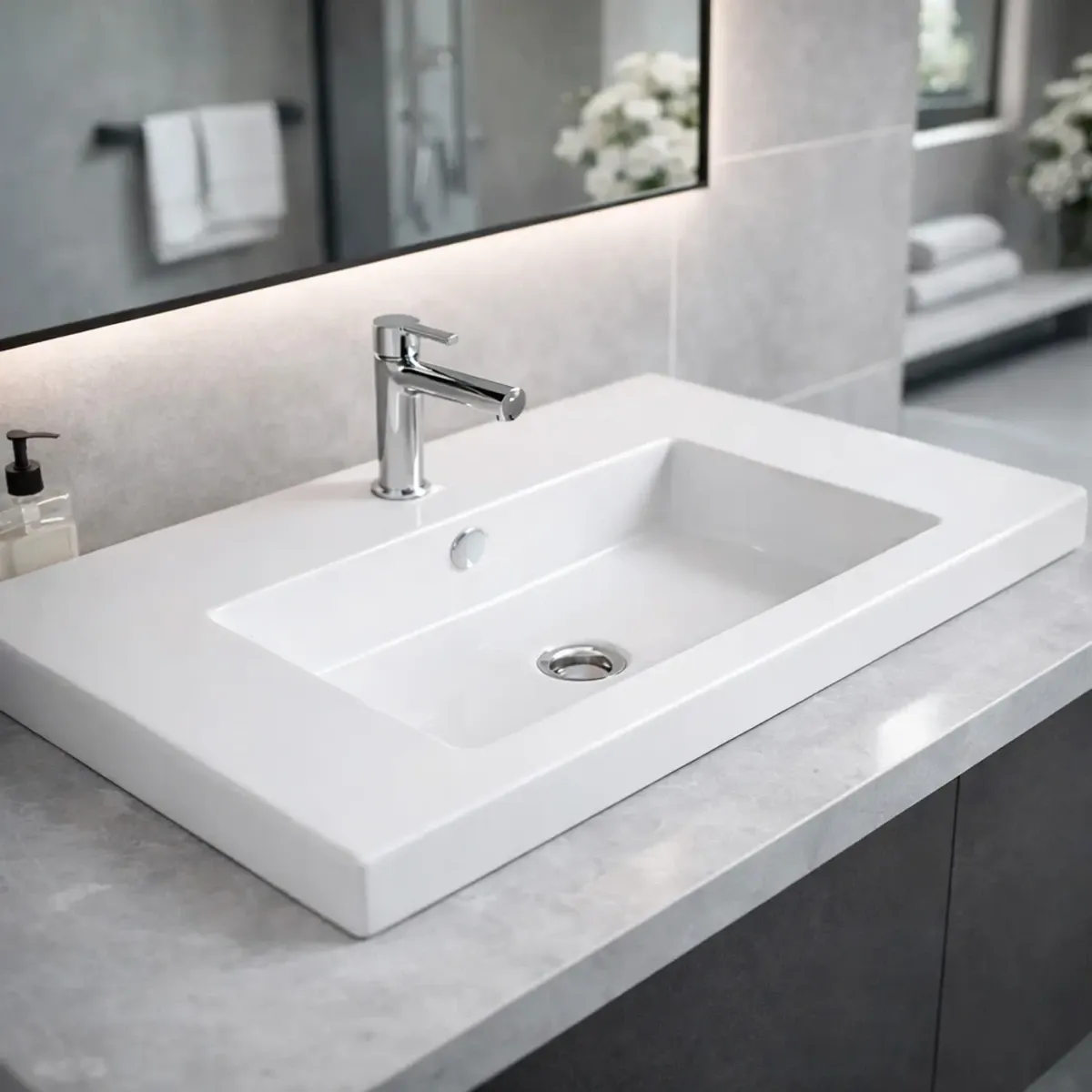 Lavabo Da Incasso Rettangolare Lavandino Bagno In Ceramica Design Moderno Elegante Per Top Bagno 101 x 36 cm-Bianco