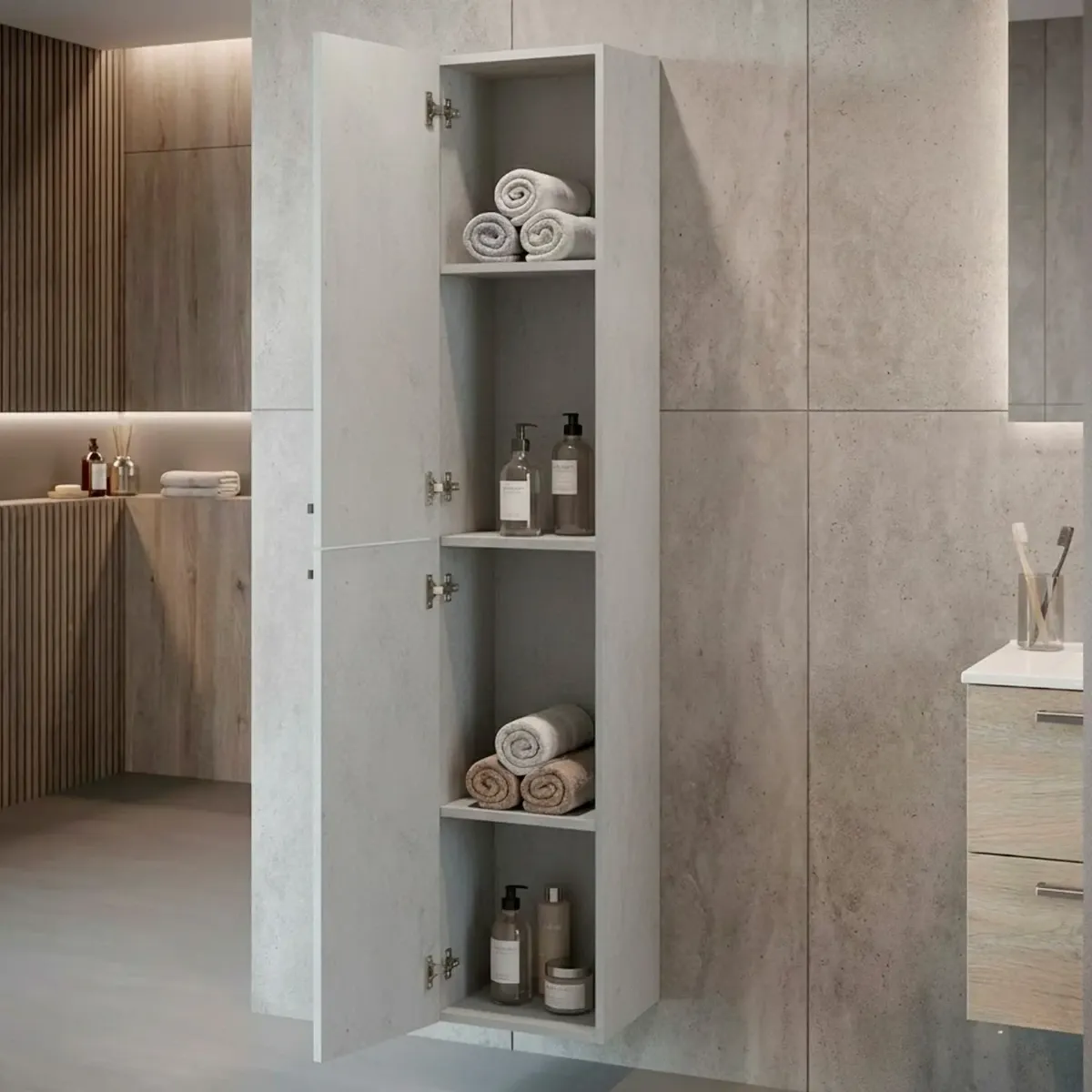 Mobile Alto Da Bagno Sospeso Con 2 Ante E 3 Mensole Interne Colonna Moderna Sospesa Salvaspazio In Melaminico Con Chiusura Assistita Design Industriale Lavanderia Ingresso