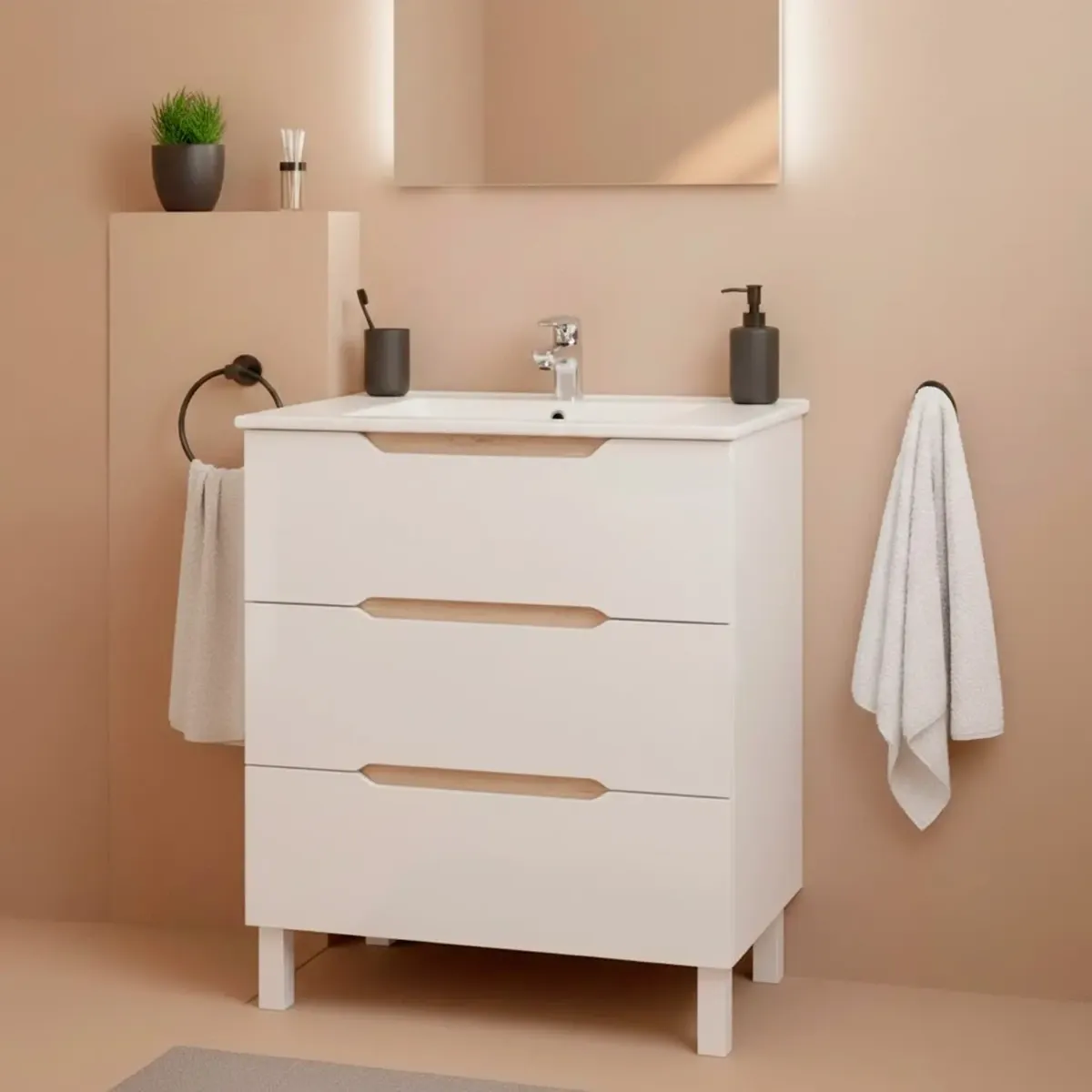 Mobile Bagno A Terra Con 3 Cassettoni Soft Close E Lavabo In Ceramica Monoforo Con Troppopieno Incluso Mobiletto Design Moderno Ed Elegante Salvaspazio 80 x 45 x 86 Cm