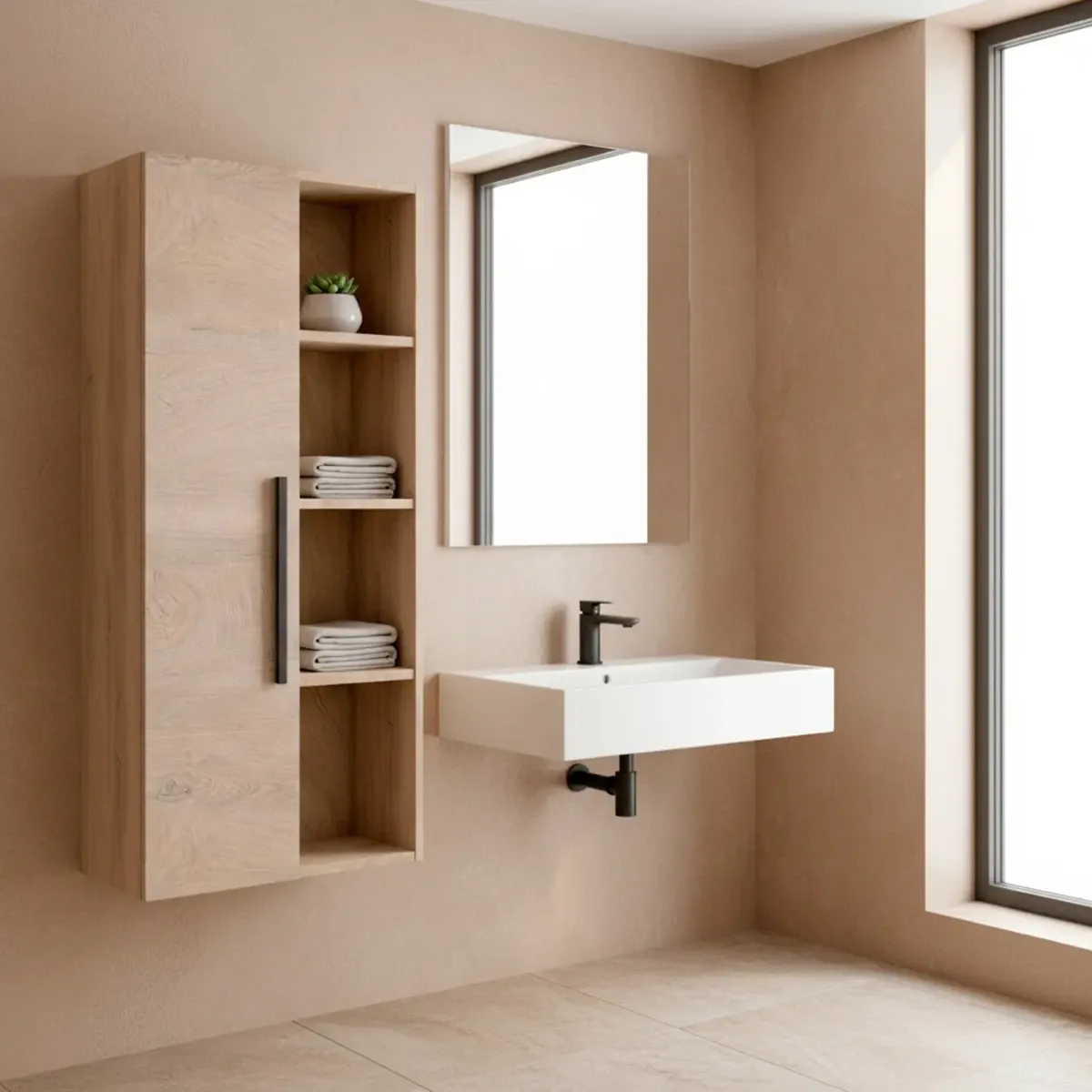 Colonna Sospesa Multiuso Con 1 Anta E 5 Vani A Giorno Mobile Armadietto Bagno Pensile Salvaspazio In Melaminico Chiusura Assistita E Ripiani Interni Design Moderno
