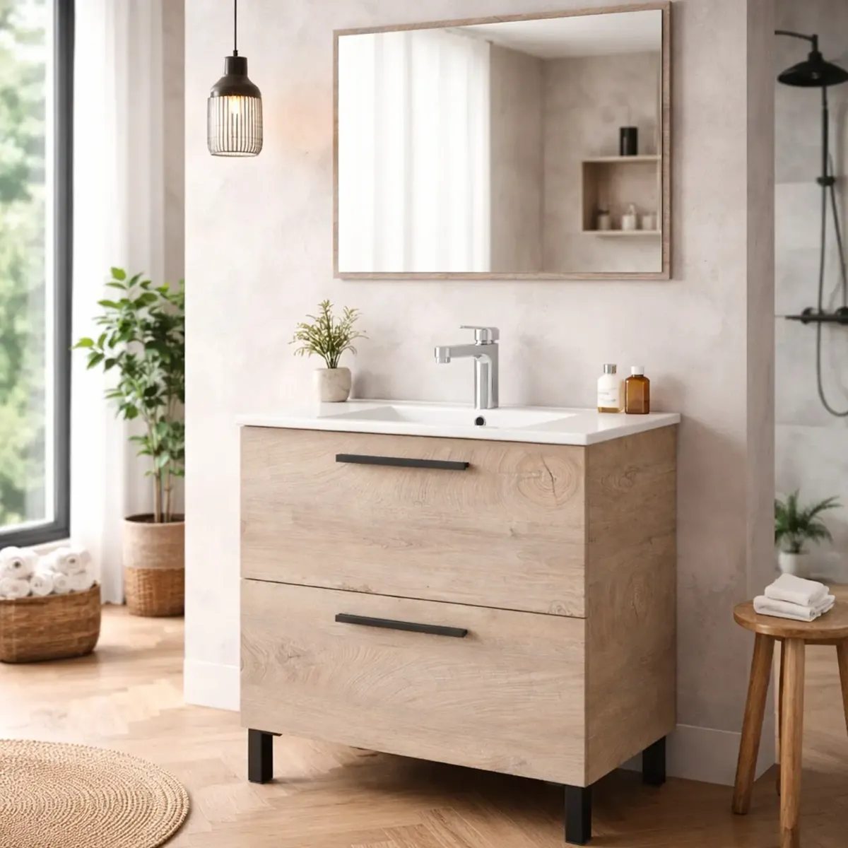 Mobile Bagno A Terra Con 2 Cassettoni Soft Close E Lavabo In Ceramica E Specchio Inclusi Con Foro Troppopieno E Maniglie ABS Design Moderno