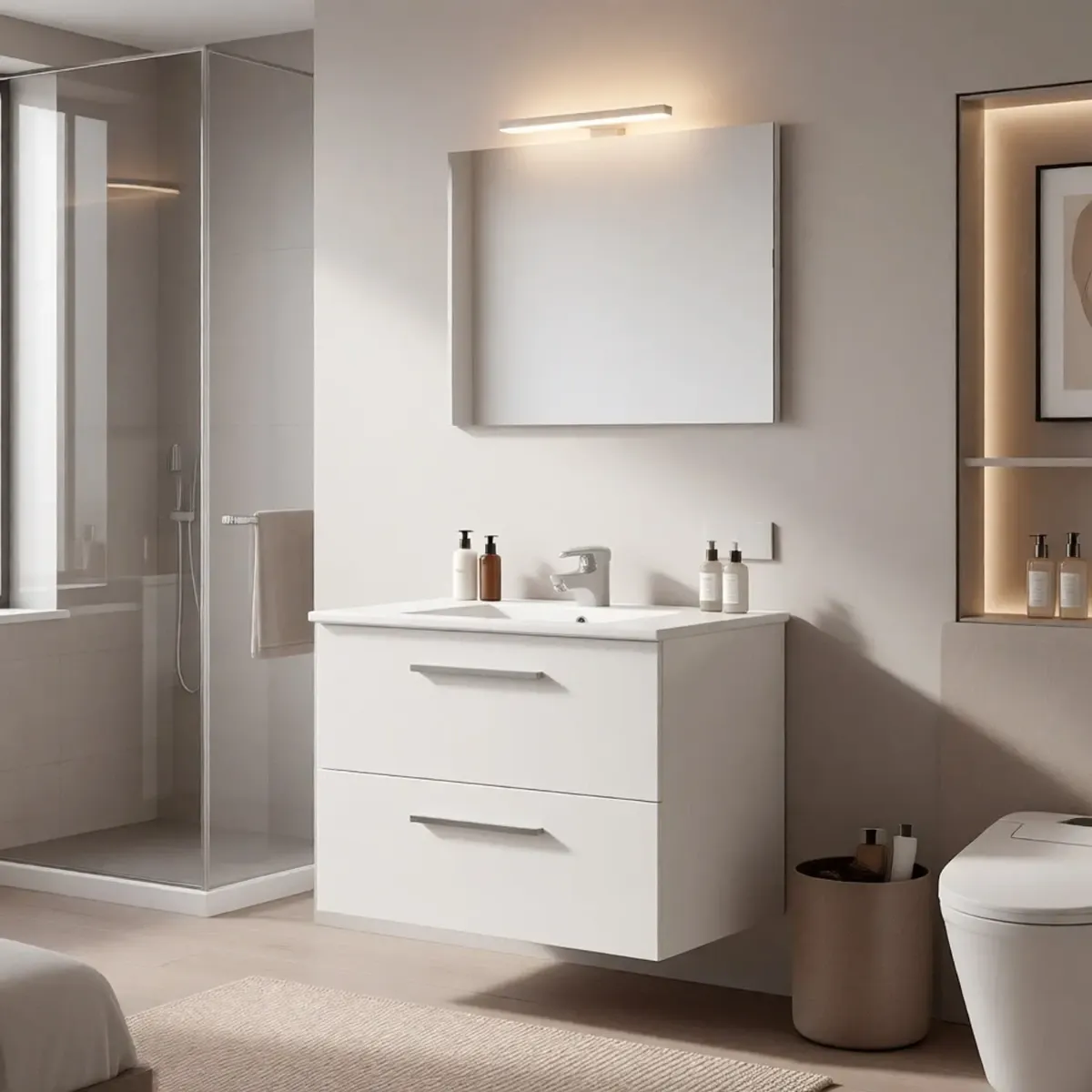 Mobile Mobiletto Bagno Sospeso Con 2 Cassettoni Soft Close Lavabo in Ceramica Monoforo Con Troppopieno E Specchio Con Led Da 45 Cm Design Moderno 80 x 45 x 57