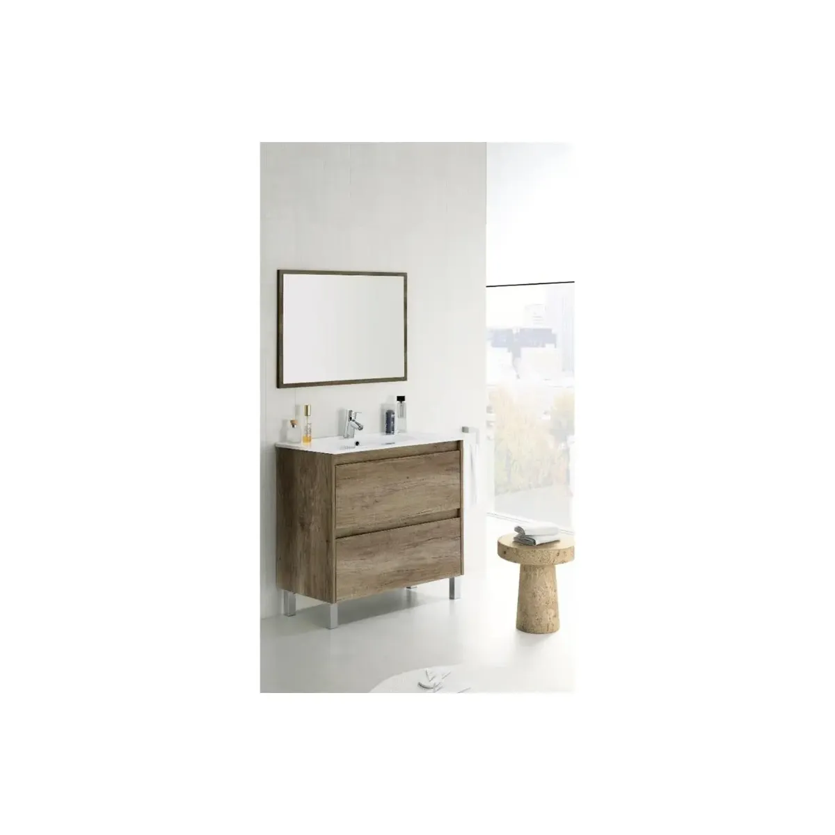 Mobile Bagno A Terra Con Lavabo In Ceramica E Specchio Coordinato Mobiletto Con Lavandino E 2 Cassettoni Ammortizzati Design Minimal