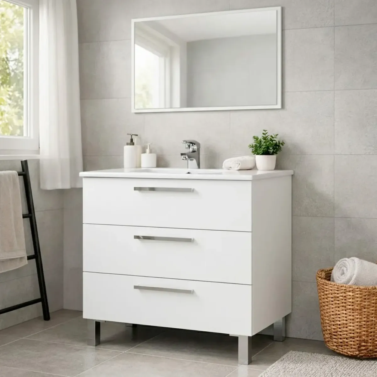 Mobile Bagno A Terra Con 3 Cassetti Lavabo In Ceramica E Specchio 77 x 50 Cm Inclusi Design Moderno Salvaspazio Elegante E Funzionale 80 x 45 x 86 Cm