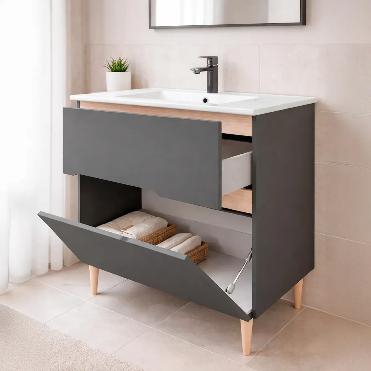 Mobile Bagno A Terra Con Lavabo In Ceramica E Specchio Inclusi 1 Cassetto Soft Close E 1 Anta A Vasistas Design Moderno Salvaspazio 80 x 45 x 80 Cm