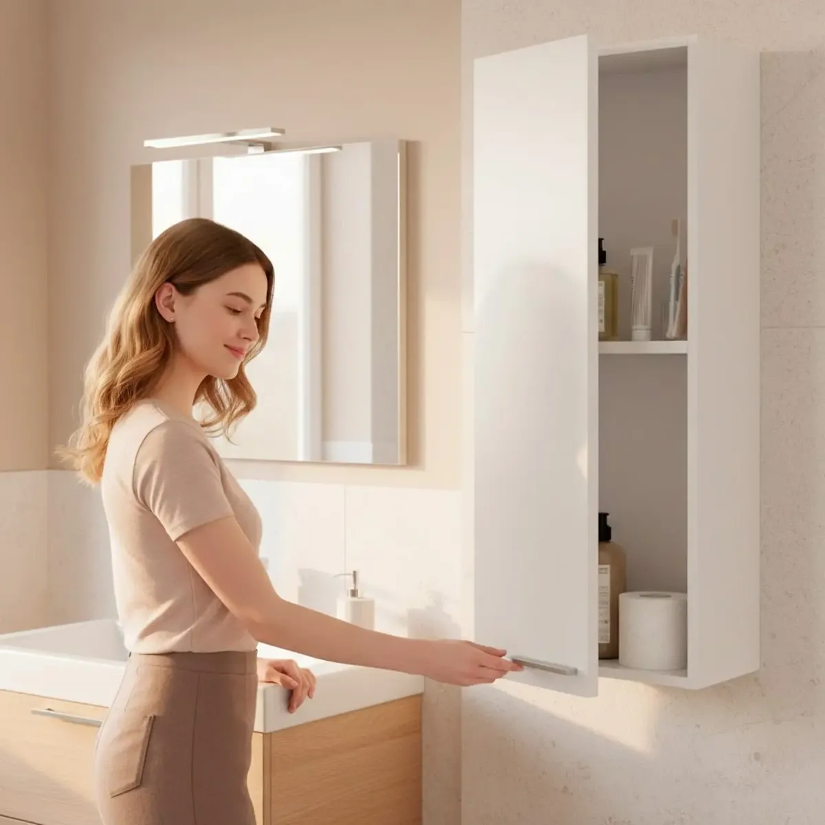 Pensile Da Bagno Sospeso Con 1 Anta E Ripiano Regolabile Mobile Armadietto Moderno Colonna Scaffale Salvaspazio Da Parete In Melamina Design Moderno 