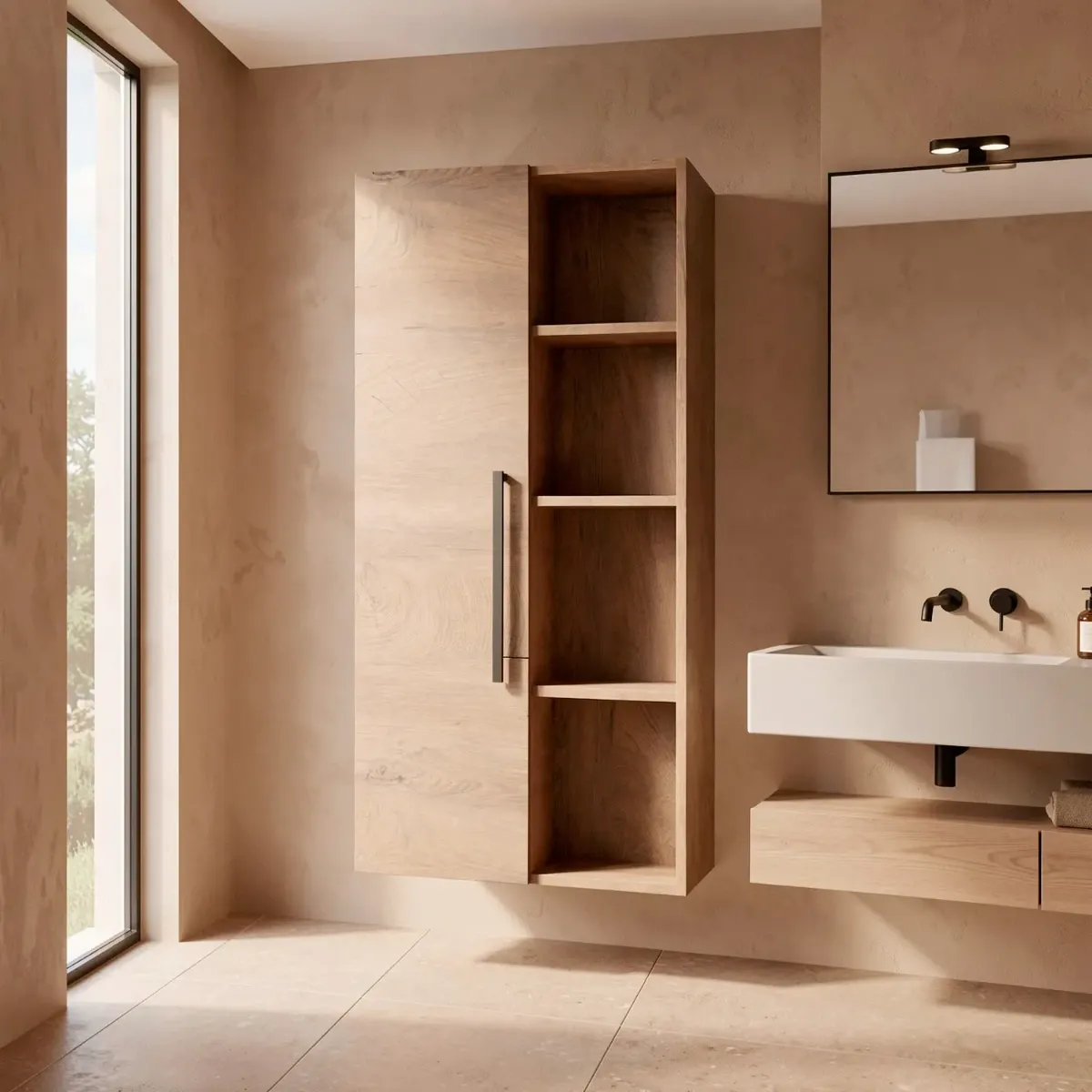 Colonna Sospesa Multiuso Con 1 Anta E 5 Vani A Giorno Mobile Armadietto Bagno Pensile Salvaspazio In Melaminico Chiusura Assistita E Ripiani Interni Design Moderno