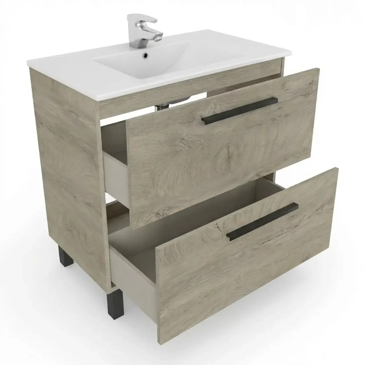 Mobile Bagno A Terra Con 2 Cassettoni Soft Close E Lavabo In Ceramica E Specchio Inclusi Con Foro Troppopieno E Maniglie ABS Design Moderno