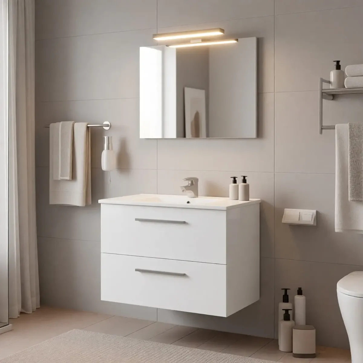 Mobile Mobiletto Bagno Sospeso Con 2 Cassettoni Soft Close Lavabo in Ceramica Monoforo Con Troppopieno E Specchio Con Led Da 45 Cm Design Moderno 80 x 45 x 57