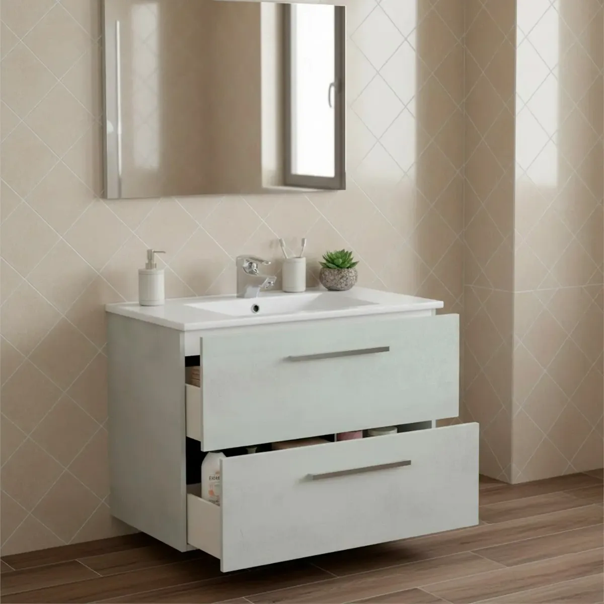 Mobile Mobiletto Bagno Sospeso Con 2 Cassettoni Soft Close Con Lavandino Lavabo In Ceramica Specchio E Led Da 30 Cm Design Moderno Nordico 57 x 80 x 45 Cm