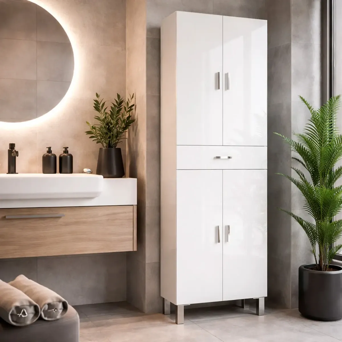 Colonna Bagno Con 4 Ante 4 Ripiani E Cassetto Mobile Alto Moderno Salvaspazio Con Mensole Regolabili Design Elegante Minimal Per Bagno Lavanderia Ripostiglio