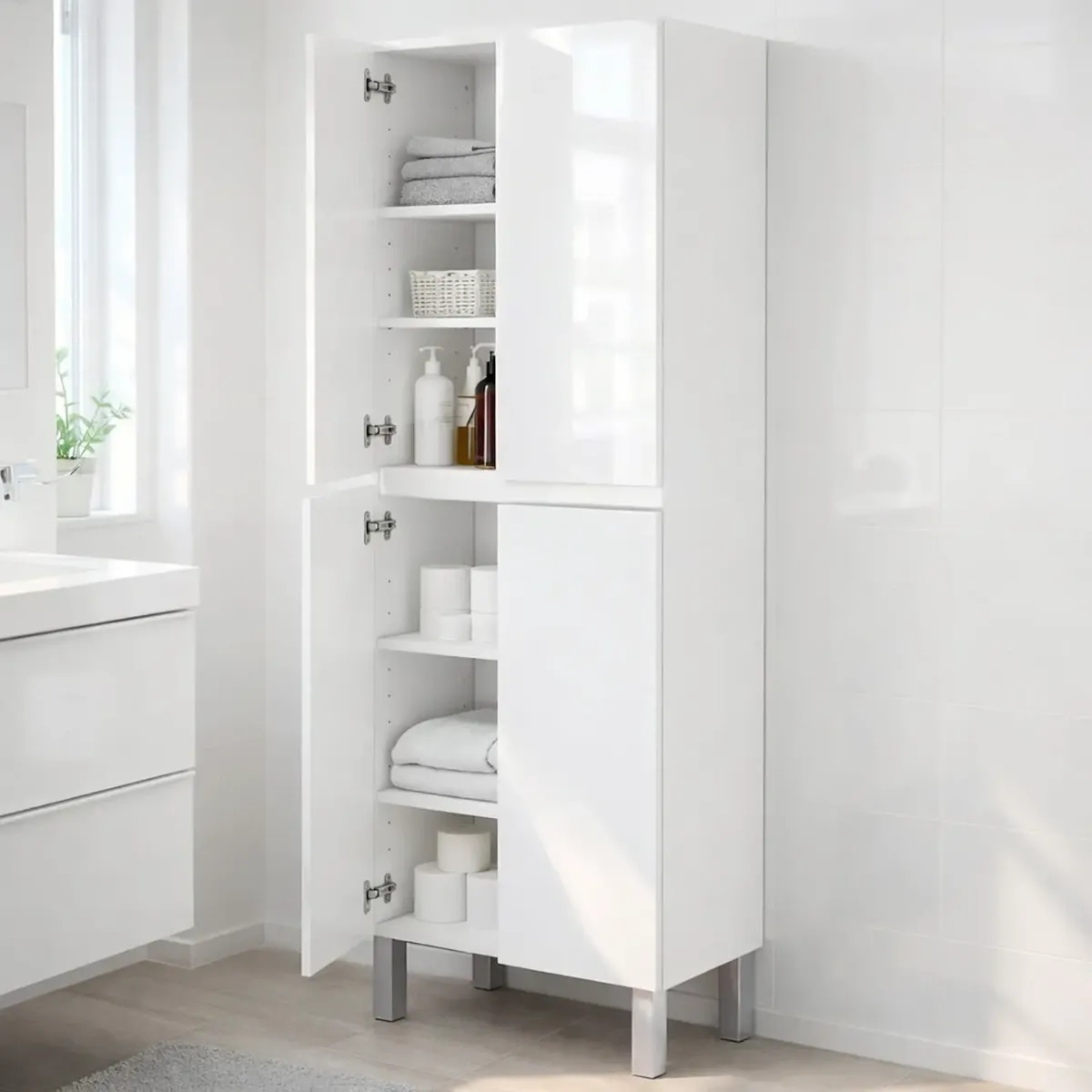 Colonna Bagno 4 Ante Con Ripiani Regolabili Mobile Alto Salvaspazio Design Moderno Elegante Ideale Per Bagno Lavanderia Ripostiglio