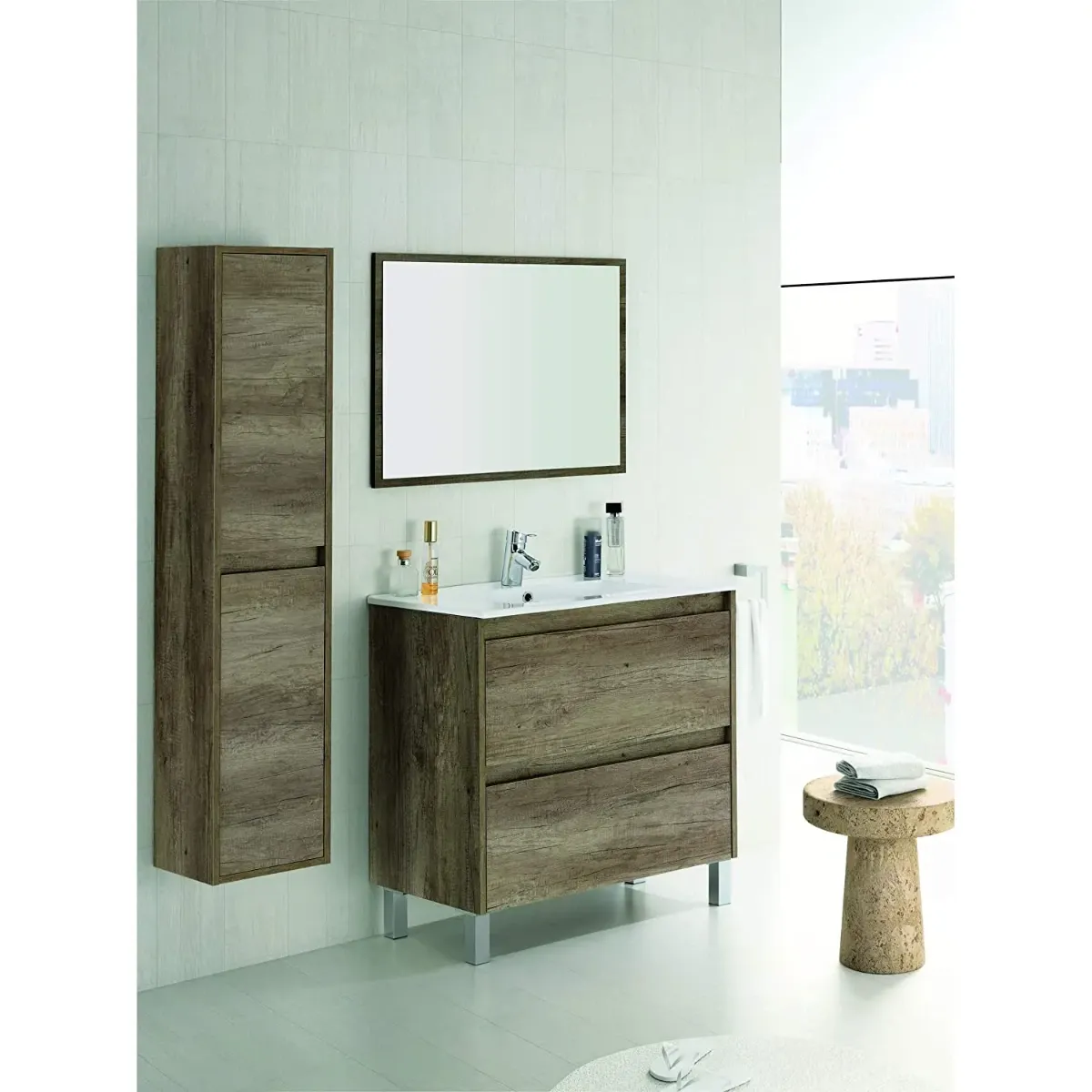 Mobile Bagno A Terra Con Lavabo In Ceramica E Specchio Coordinato Mobiletto Con Lavandino E 2 Cassettoni Ammortizzati Design Minimal