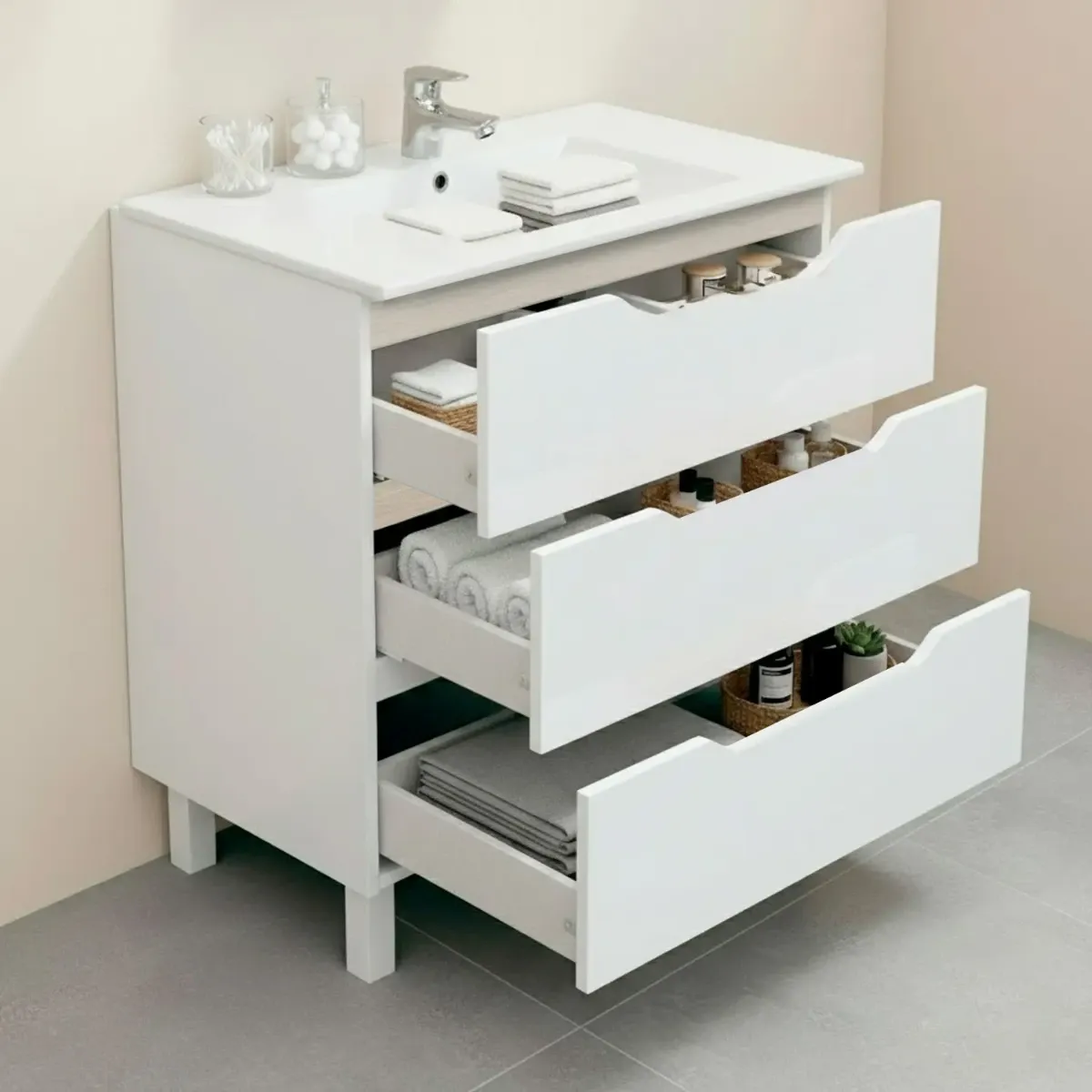 Mobile Bagno A Terra Con 3 Cassettoni Soft Close E Lavabo In Ceramica Monoforo Con Troppopieno Incluso Mobiletto Design Moderno Ed Elegante Salvaspazio 80 x 45 x 86 Cm