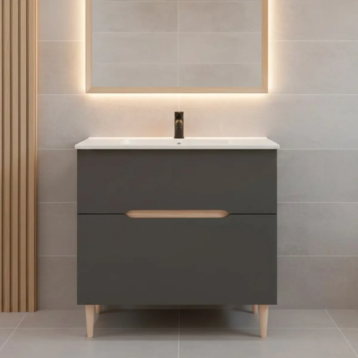 Mobile Bagno A Terra Con Lavabo In Ceramica E Specchio Inclusi 1 Cassetto Soft Close E 1 Anta A Vasistas Design Moderno Salvaspazio 80 x 45 x 80 Cm