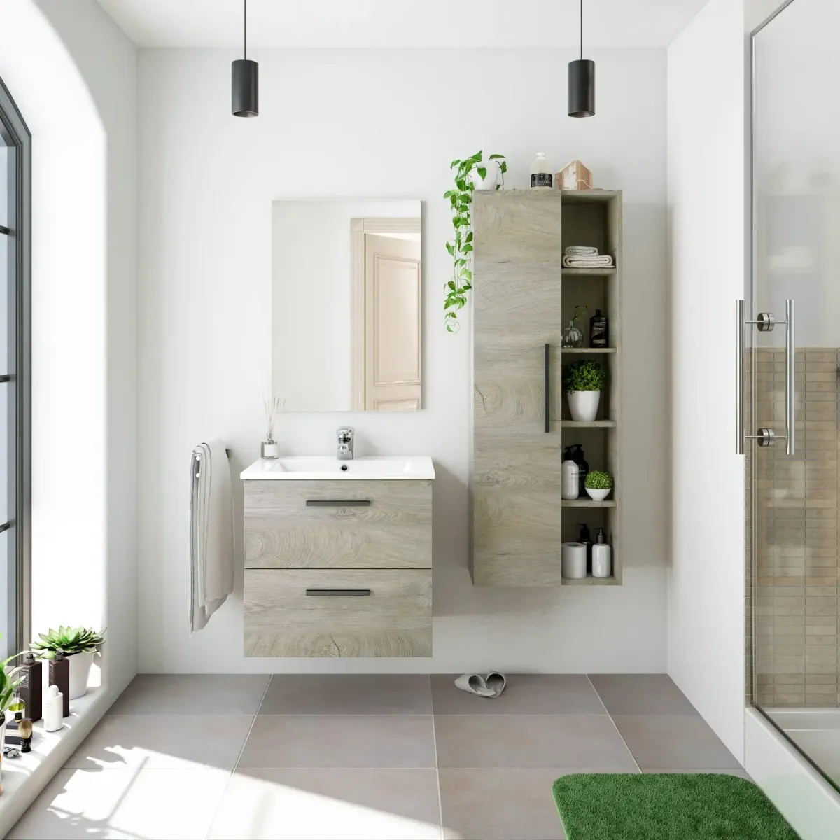 Colonna Sospesa Multiuso Con 1 Anta E 5 Vani A Giorno Mobile Armadietto Bagno Pensile Salvaspazio In Melaminico Chiusura Assistita E Ripiani Interni Design Moderno