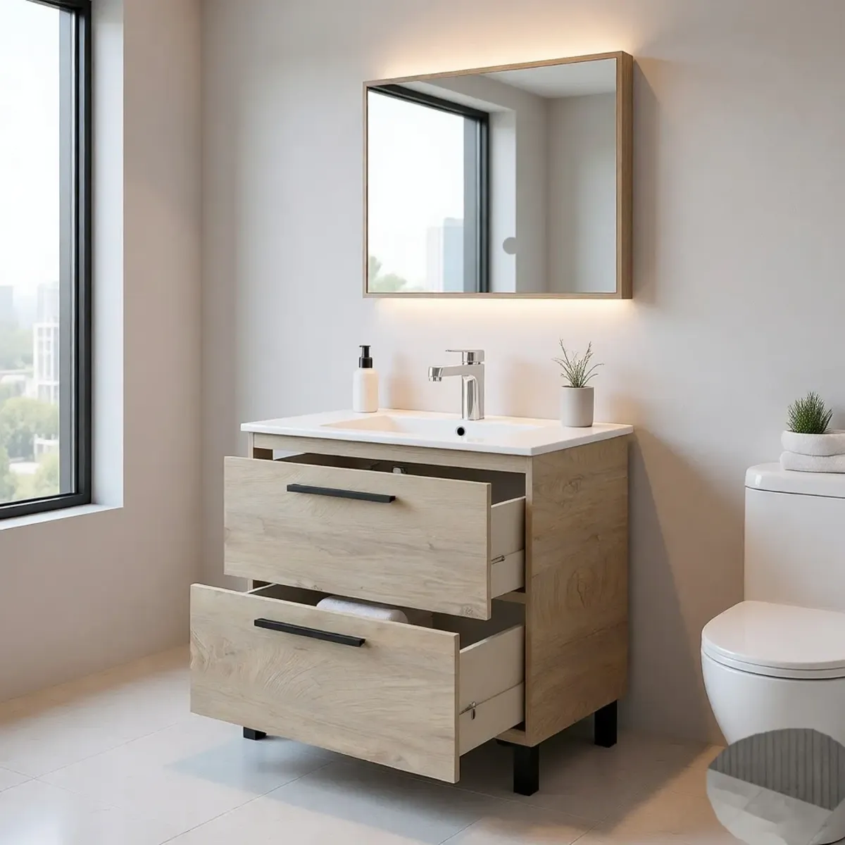 Mobile Bagno A Terra Con 2 Cassettoni Soft Close E Lavabo In Ceramica E Specchio Inclusi Con Foro Troppopieno E Maniglie ABS Design Moderno