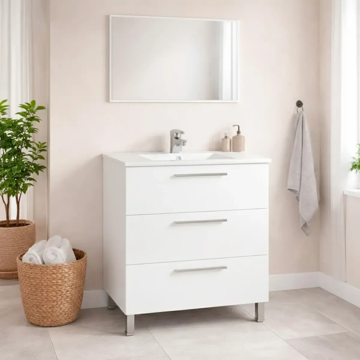 Mobile Bagno A Terra Con 3 Cassetti Lavabo In Ceramica E Specchio 77 x 50 Cm Inclusi Design Moderno Salvaspazio Elegante E Funzionale 80 x 45 x 86 Cm