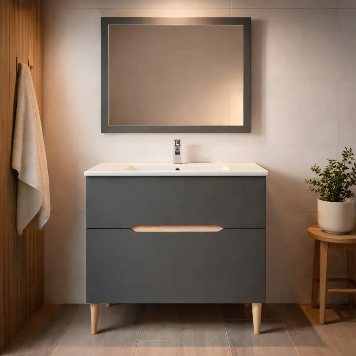 Mobile Bagno A Terra Con Lavabo In Ceramica E Specchio Inclusi 1 Cassetto Soft Close E 1 Anta A Vasistas Design Moderno Salvaspazio 80 x 45 x 80 Cm