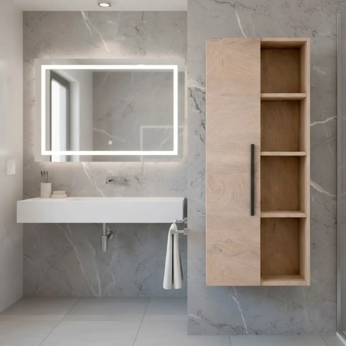 Colonna Sospesa Multiuso Con 1 Anta E 5 Vani A Giorno Mobile Armadietto Bagno Pensile Salvaspazio In Melaminico Chiusura Assistita E Ripiani Interni Design Moderno